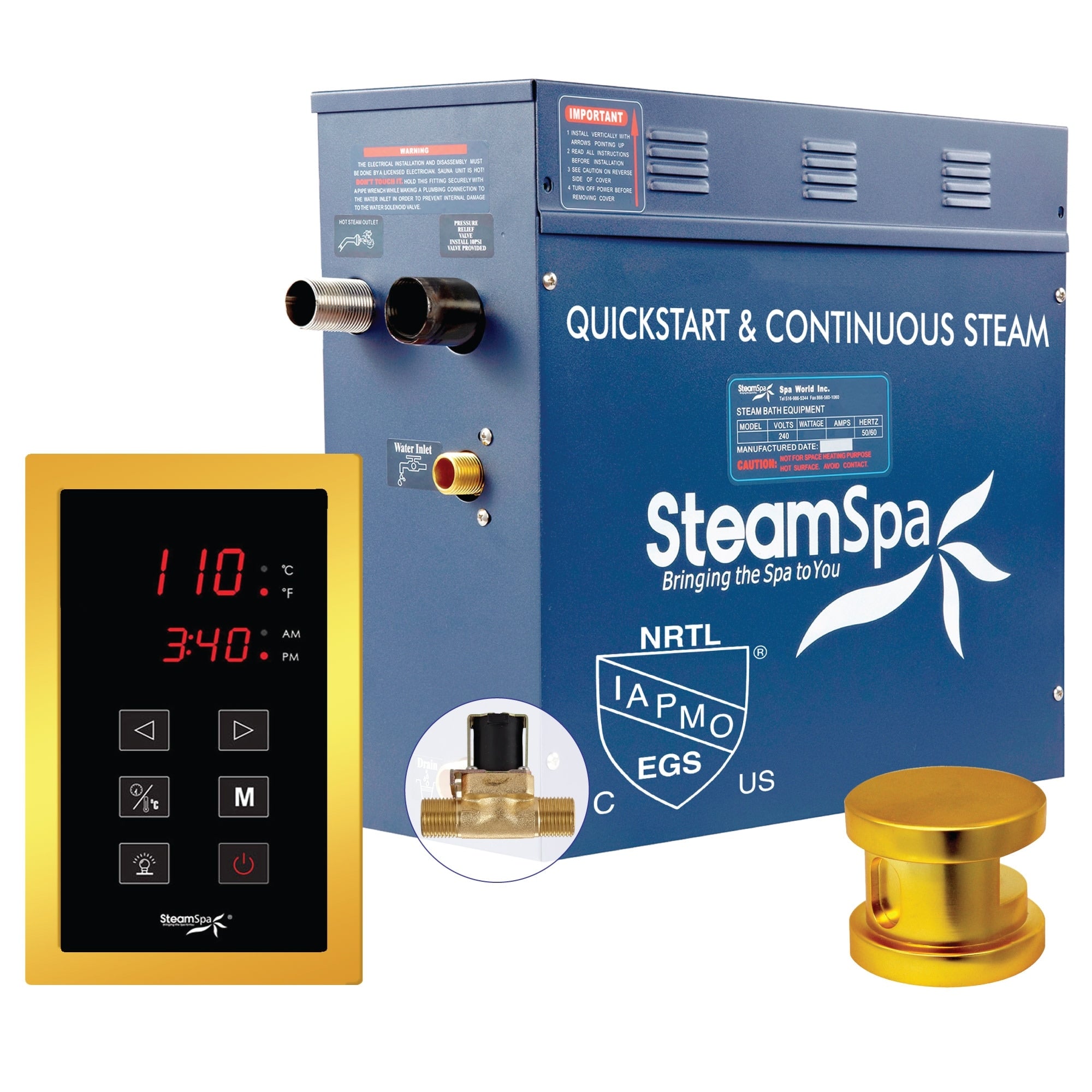 Steamspa Oat750 A Oasis 7.5 Kw Quickstart Acu Steam Bath Generator Package With Built In Auto Drain And Touch Controller