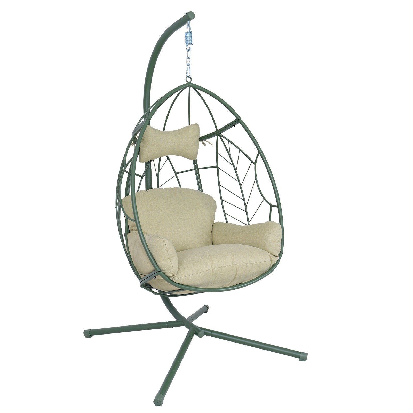Steel Frame Hanging Egg Chair With Leaf Pattern Outdoor Hammock Swing Chair With Soft Cushion For Patio Backyard And Balcony