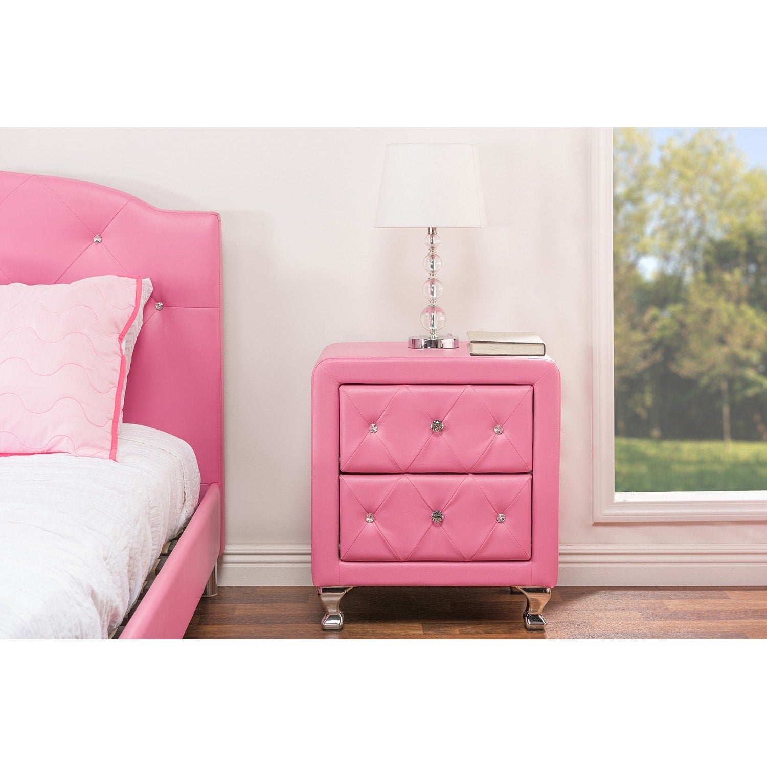 Silver Orchid Porten Crystal Tufted Pink Upholstered Nightstand