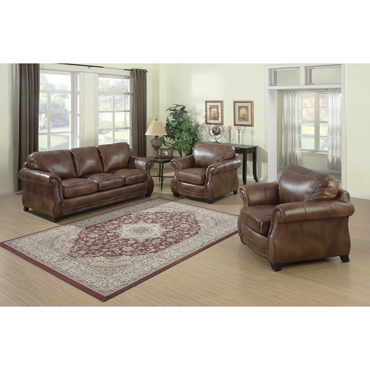 Sterling Cognac Brown Italian Leather Sofa And Two Chairs