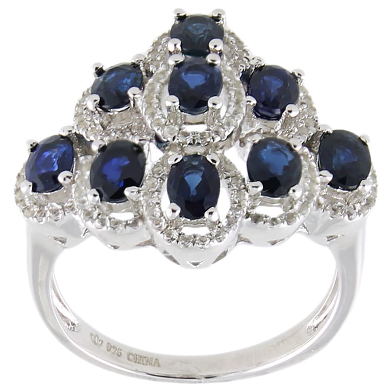 Pinctore Sterling Silver 3Ct Tgw Oval Sapphire And White Topaz Ring