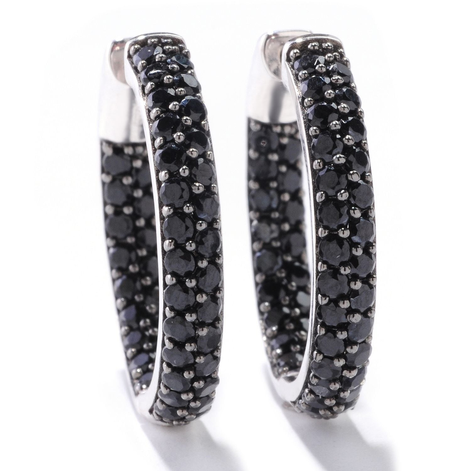 Pinctore Sterling Silver 4 Tcw Black Spinel Inside Outside 1 Inch Hoop Earrings With Clicker Lock