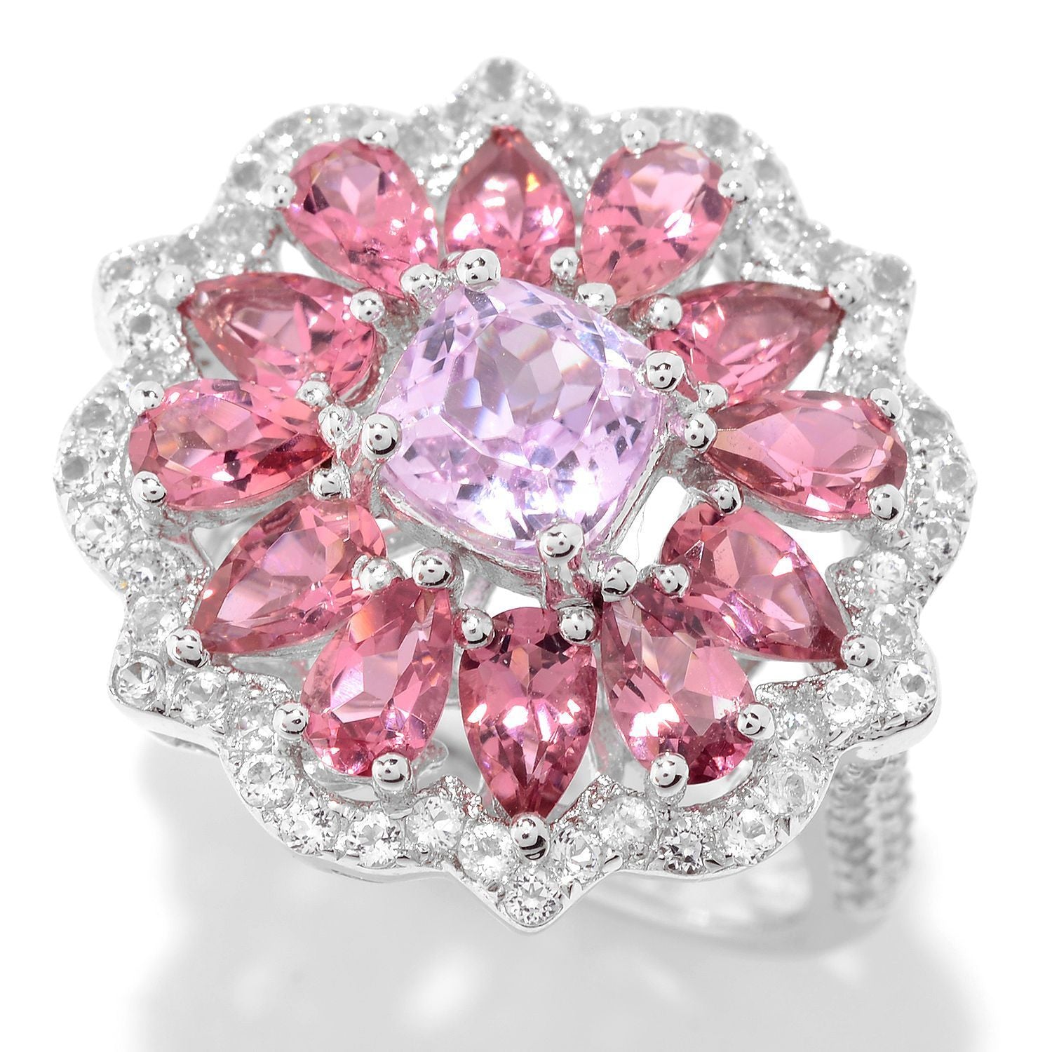 Pinctore Sterling Silver Kunzite White Topaz And Toumaline Flower Ring