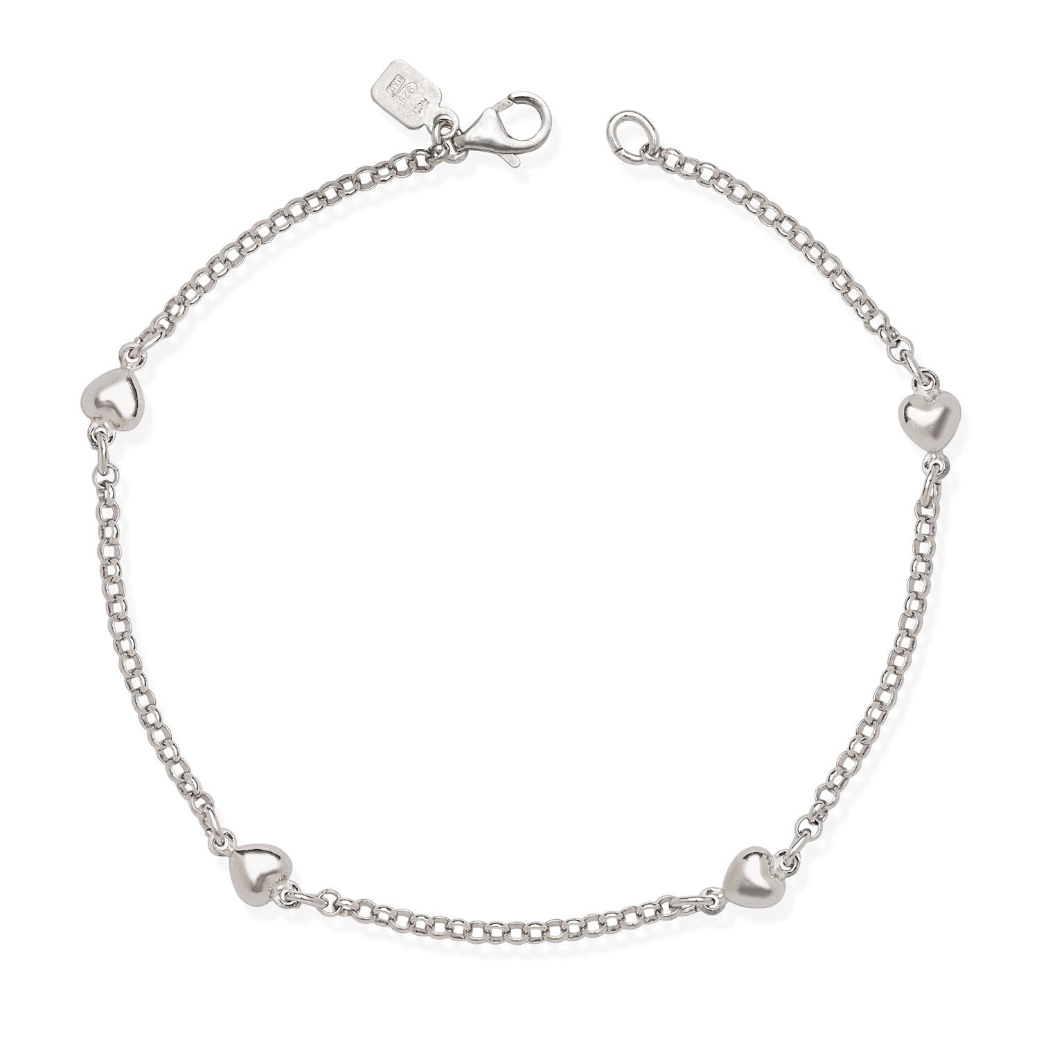 Sterling Silver 9 Inch Polished Heart Charm Station Rolo Anklet