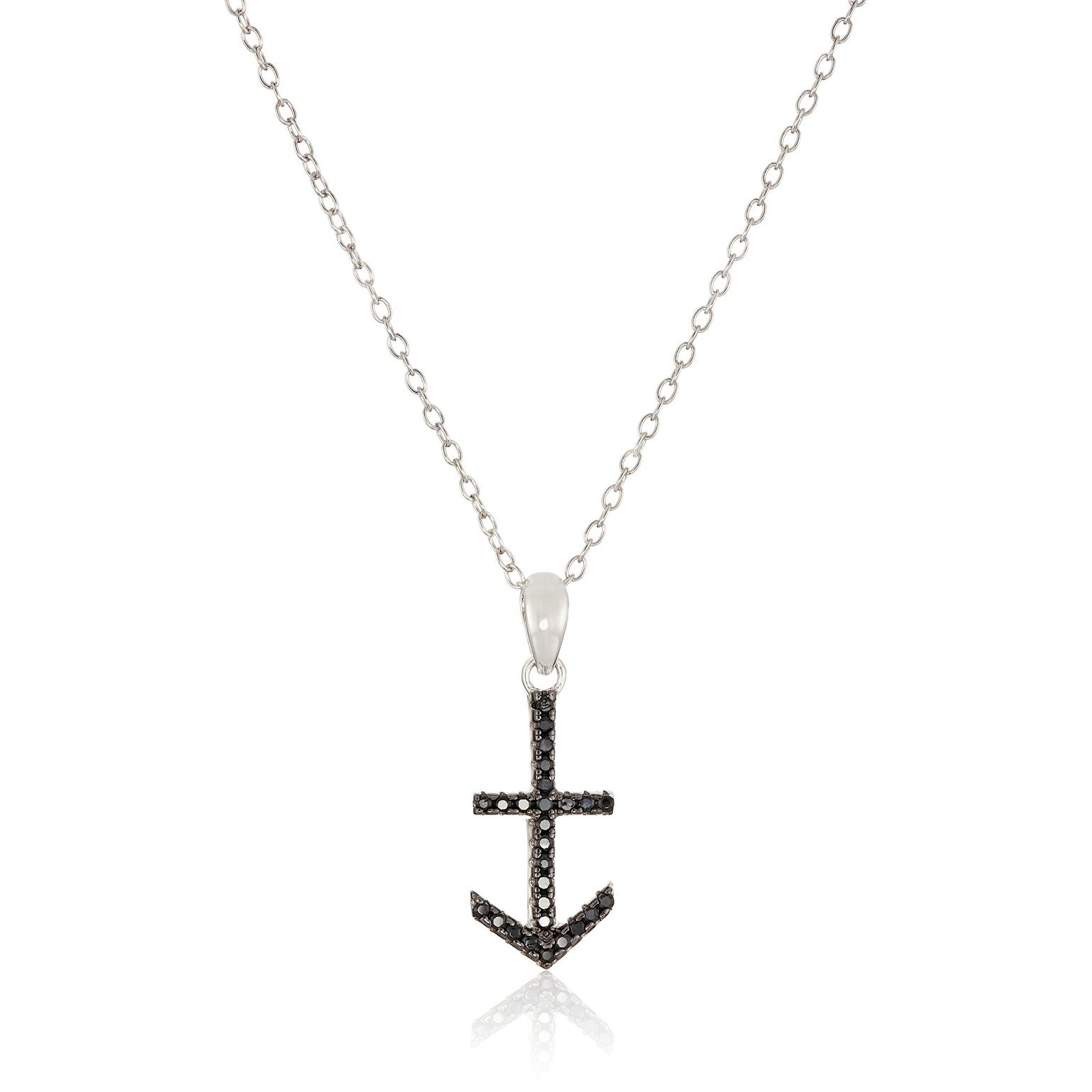 Pinctore Sterling Silver Black Spinel Anchor Pendant Necklace 18