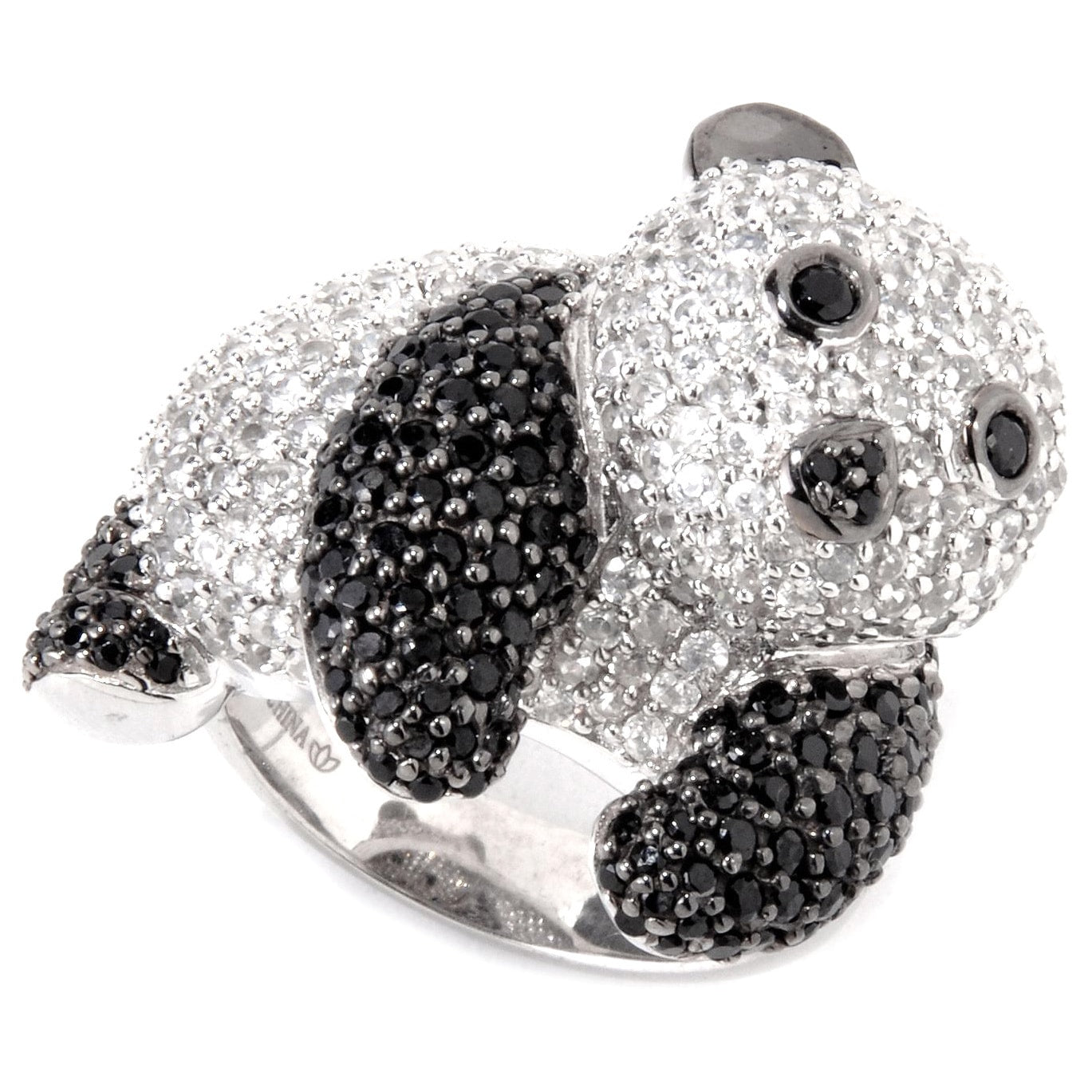 Pinctore Sterling Silver Black Spinel And White Zircon Panda Ring