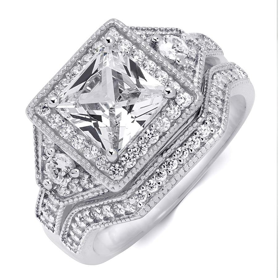 Sterling Silver Brilliant 3.0 Ct Wedding Band Ring Set Princess Cut