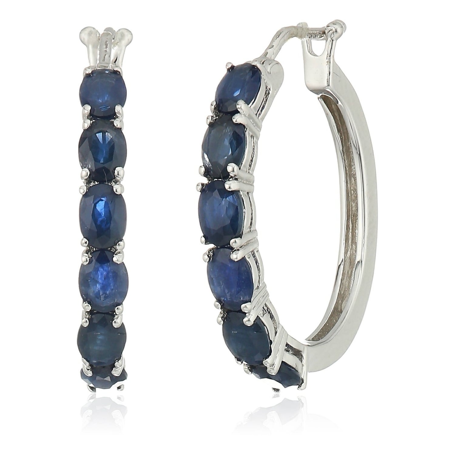 Sterling Silver Genuine Blue Sapphire Oval Hoop Earrings 3 4