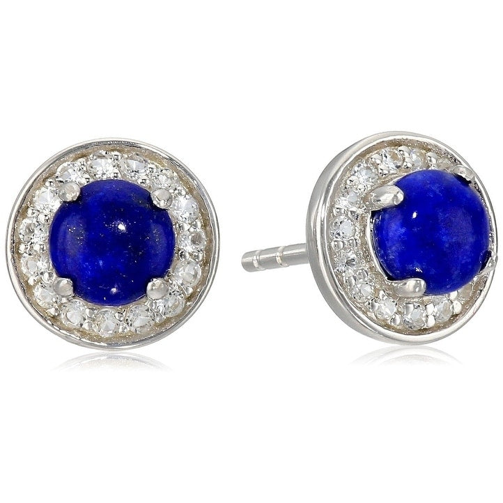 Pinctore Sterling Silver Lapis Round Halo Stud Earrings Blue
