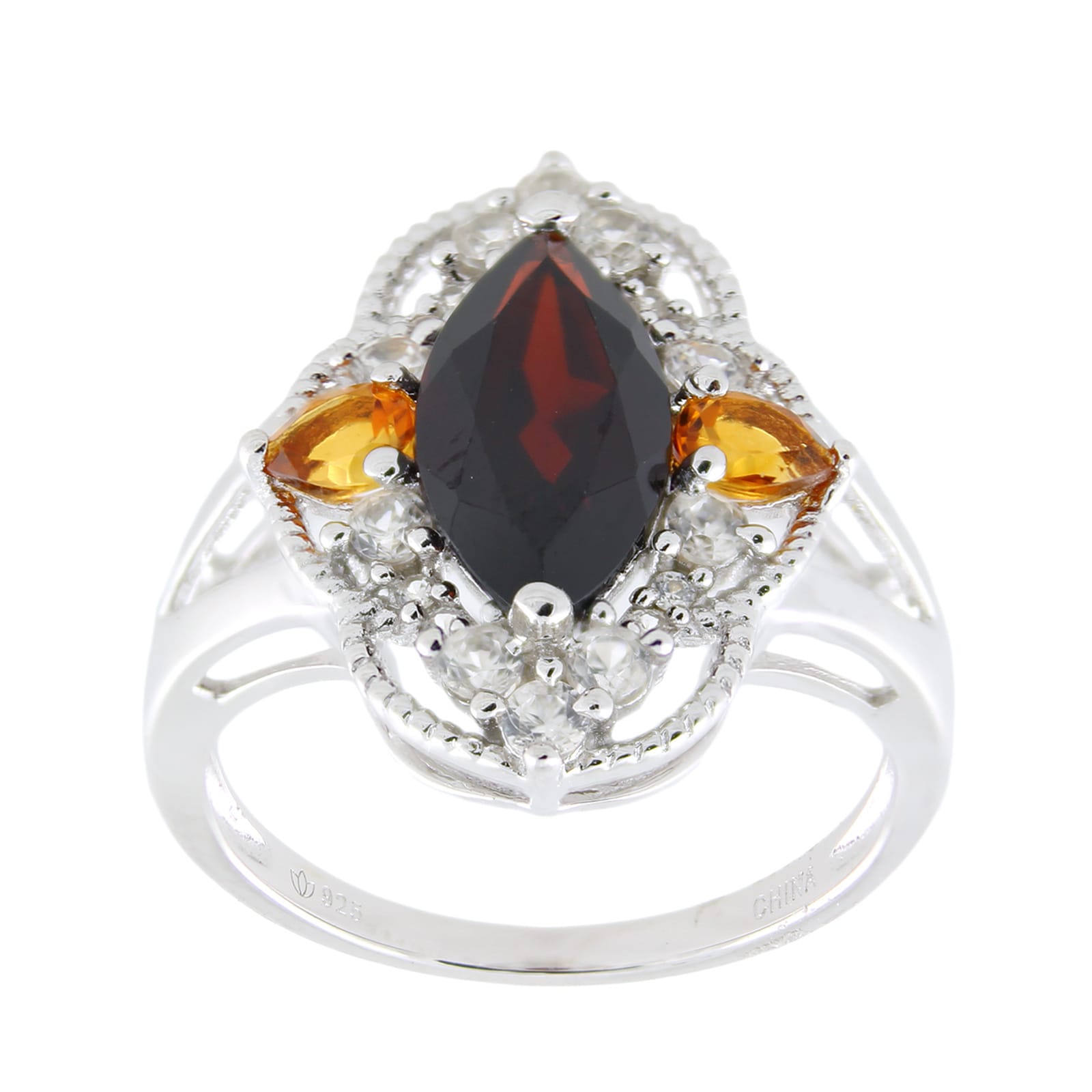 Pinctore Sterling Silver Marquise Garnet Citrine And White Zircon Ring Red