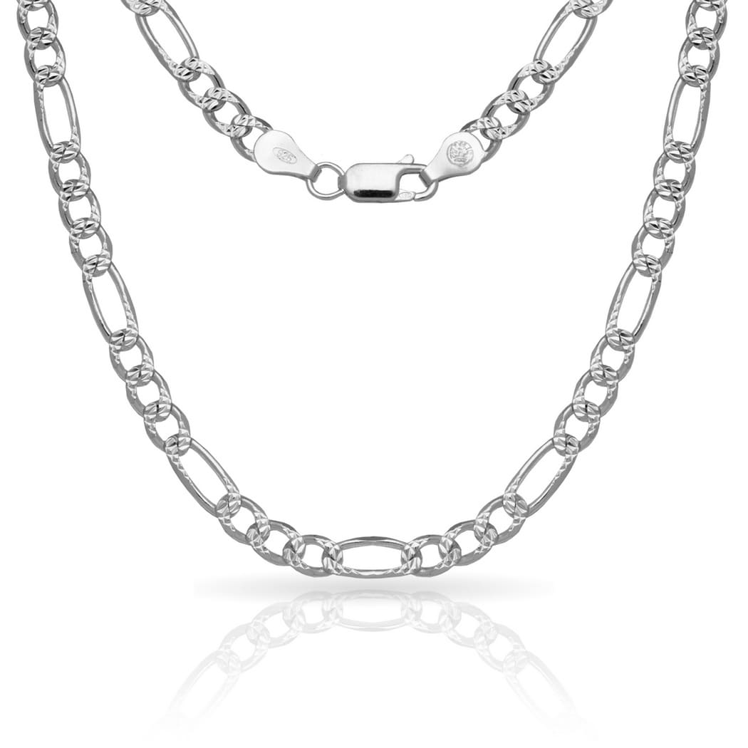 Sterling Silver Mens Italian 6Mm Pave Figaro Chain Necklace 18 30 White