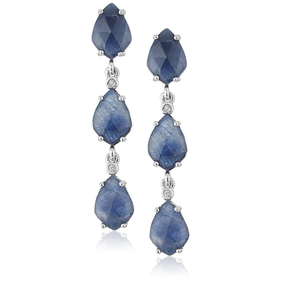 Pinctore Sterling Silver Blue Sapphire White Zircon Dangle Earrings