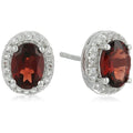 Pinctore Sterling Silver Oval Garnet White Topaz Halo Stud Earrings Red