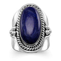 Sterling Silver Oxidized Bali Beaded Oval Lapis Ring Blue