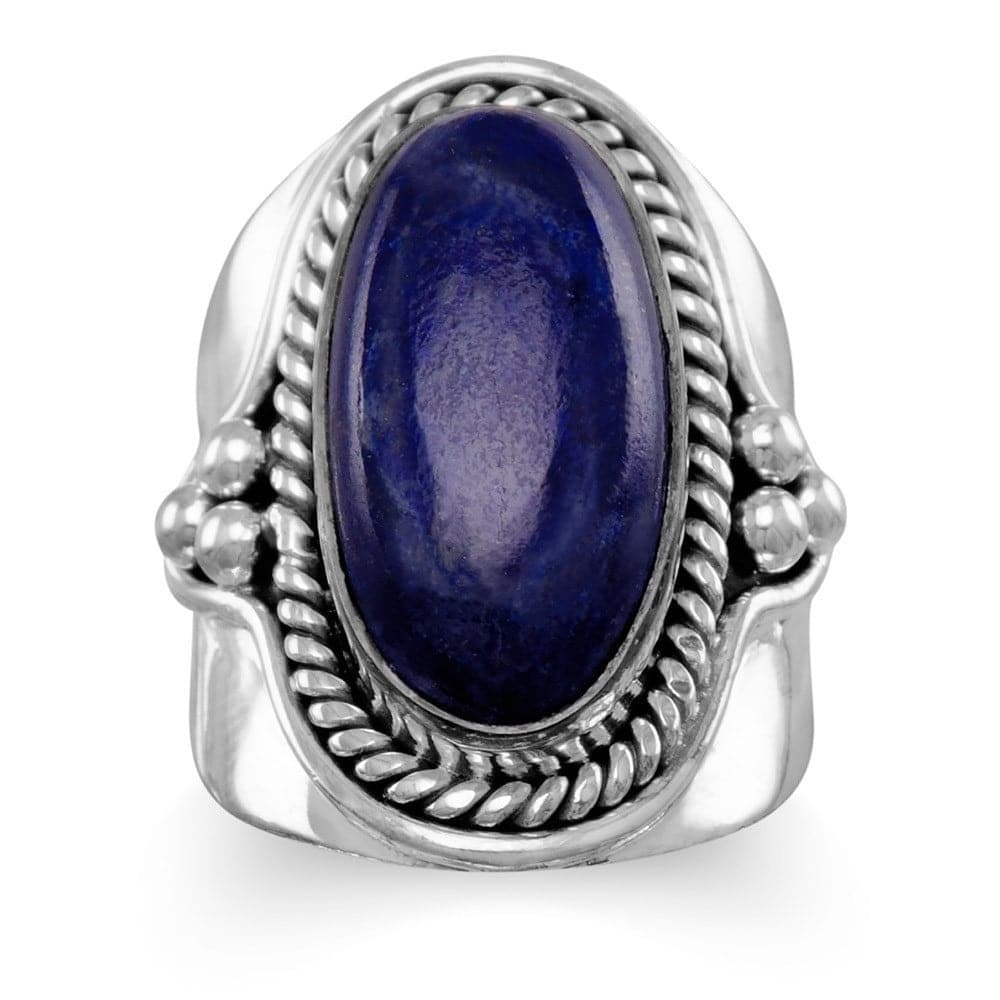 Sterling Silver Oxidized Bali Beaded Oval Lapis Ring Blue