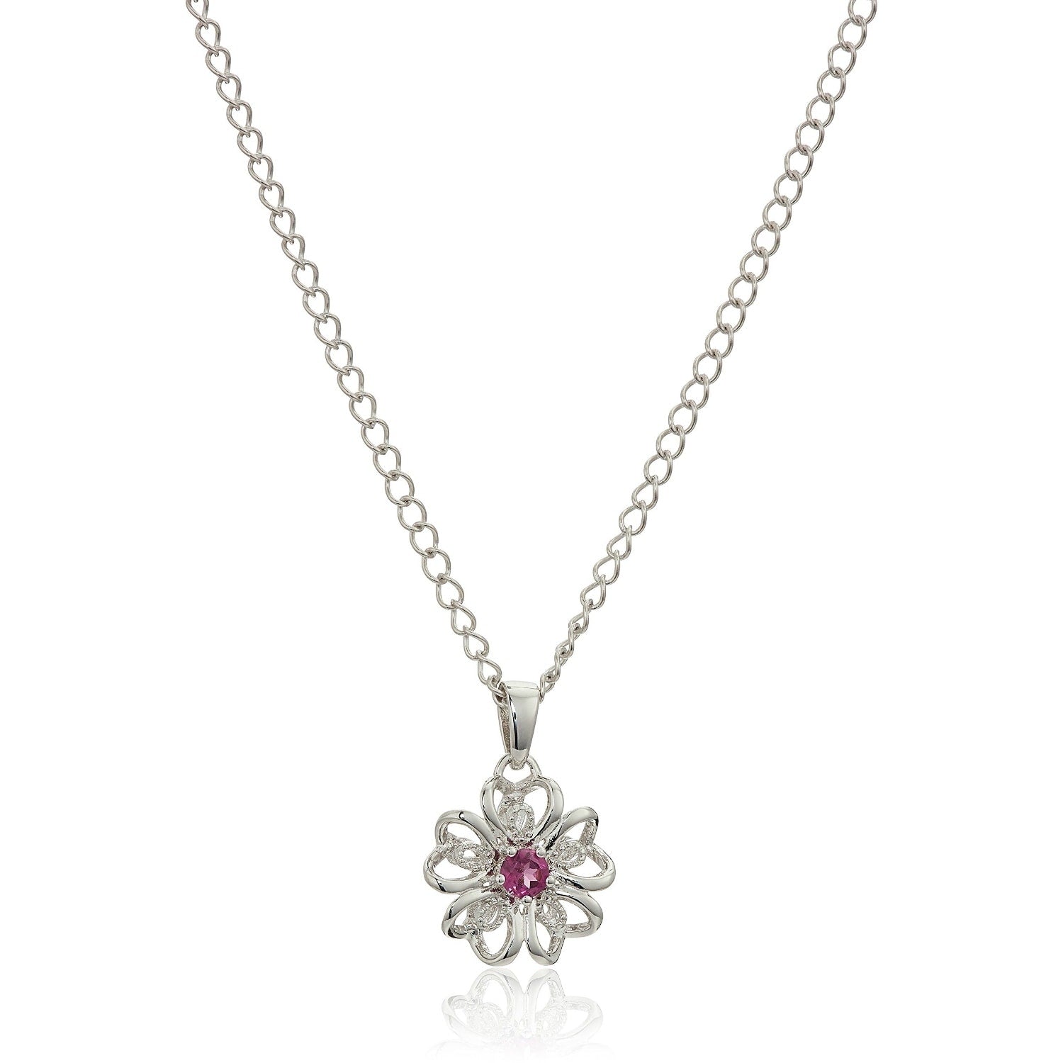 Sterling Silver Pink Tourmaline Flower Pendant Necklace 18