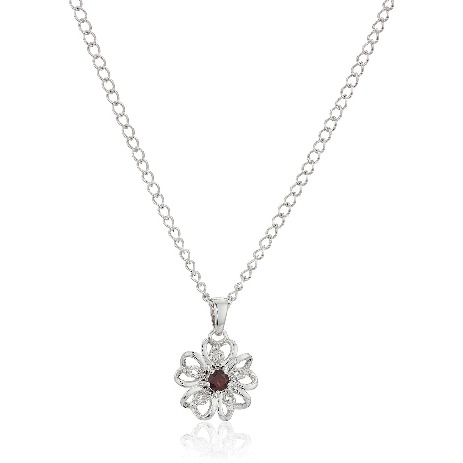 Sterling Silver Red Garnet Black Flower Pendant Necklace 18