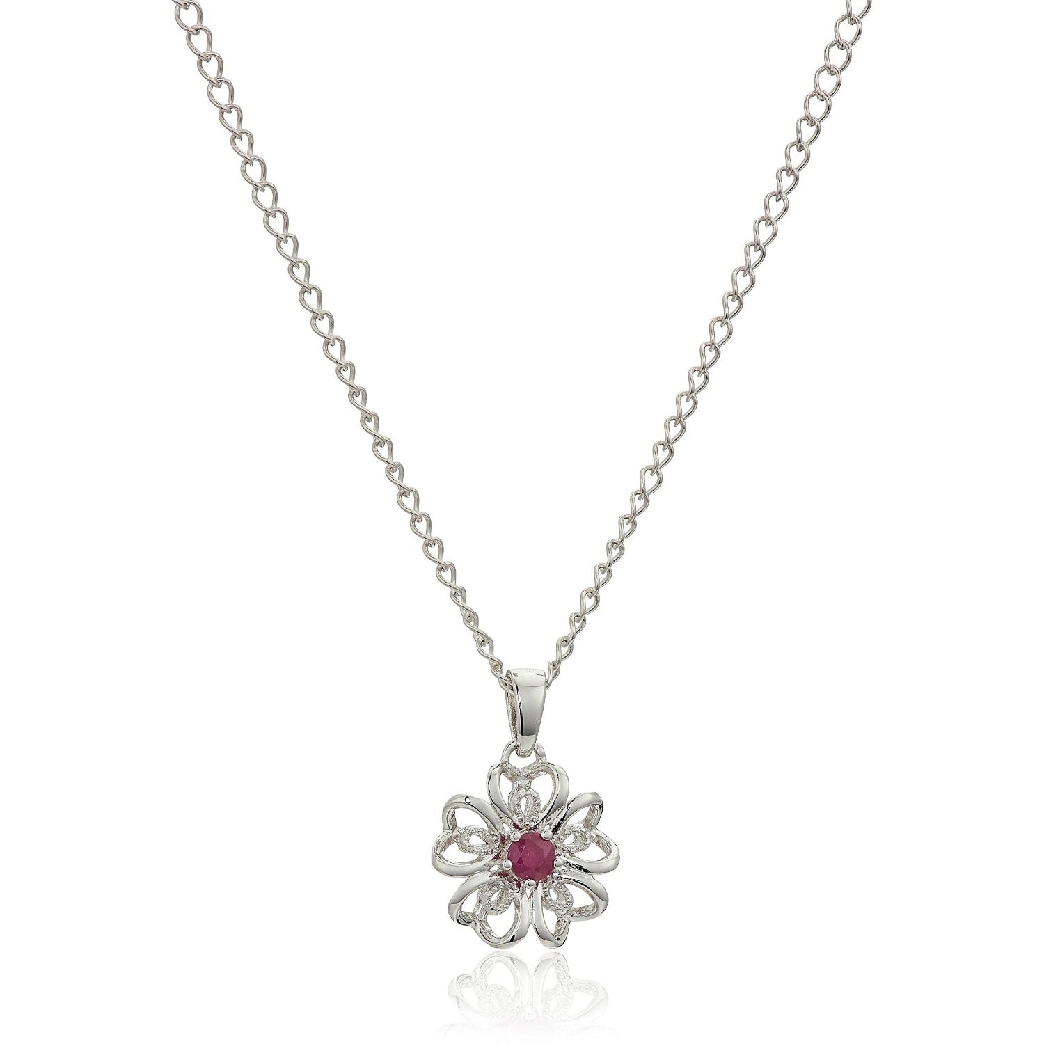 Pinctore Sterling Silver Ruby Black Flower Pendant Necklace 18 Red