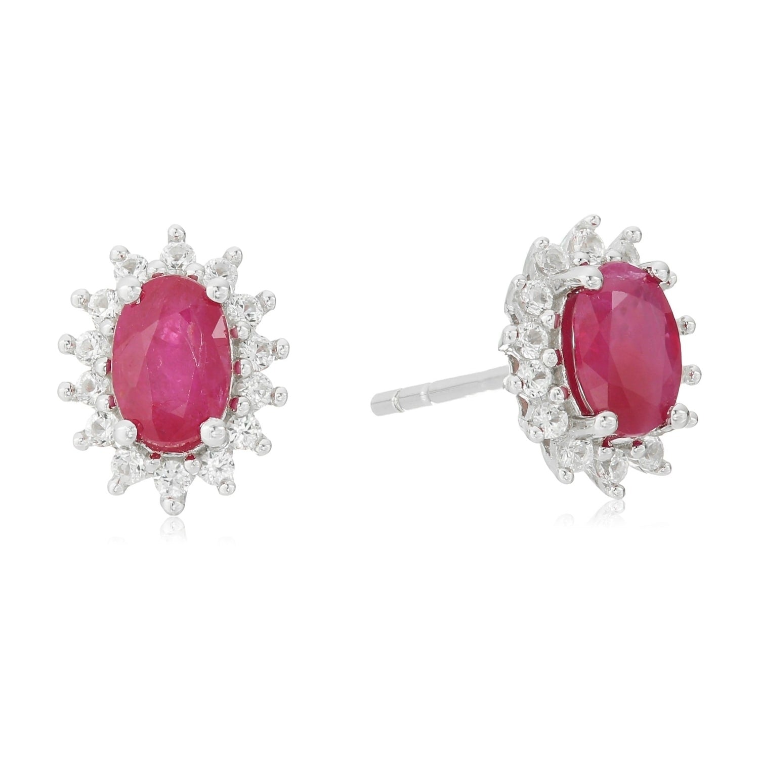 Pinctore Sterling Silver Ruby Created White Sapphire Oval Halo Stud Earrings Red