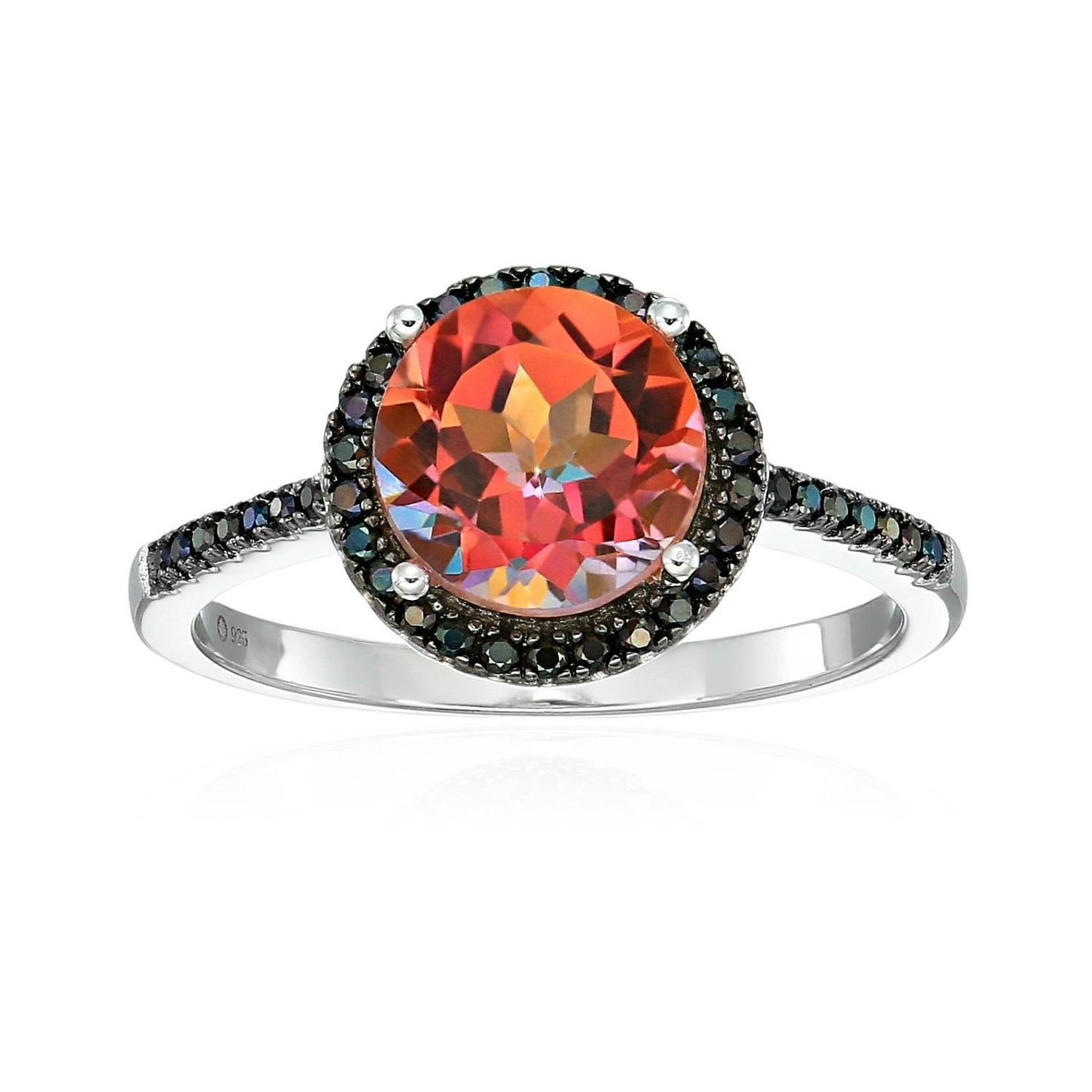 Pinctore Sterling Silver Sunset Orange Topaz And Black Spinel Halo Ring