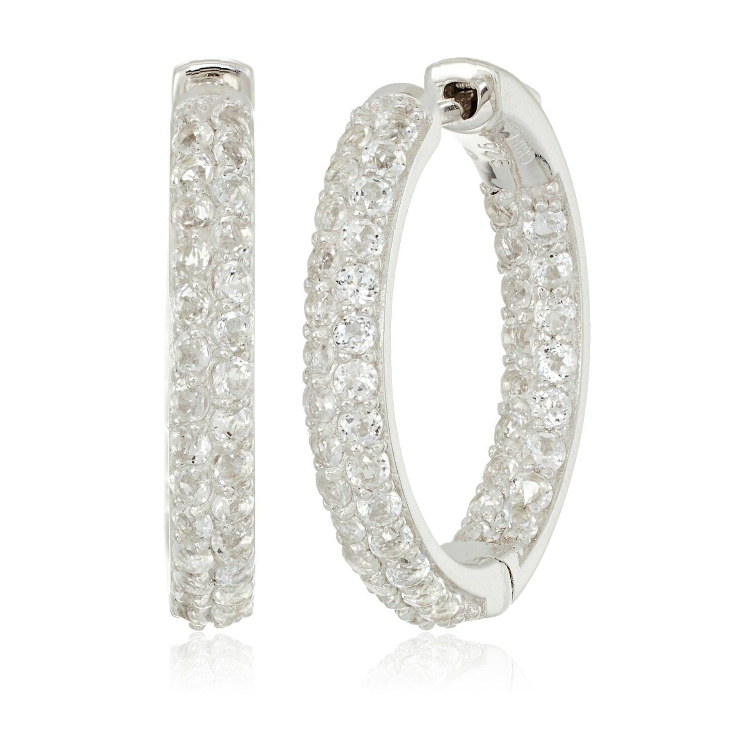 Pinctore Sterling Silver White Topaz Round Hoop Earrings 1