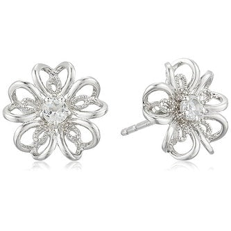 Pinctore Sterling Silver White Topaz Flower Stud Earrings