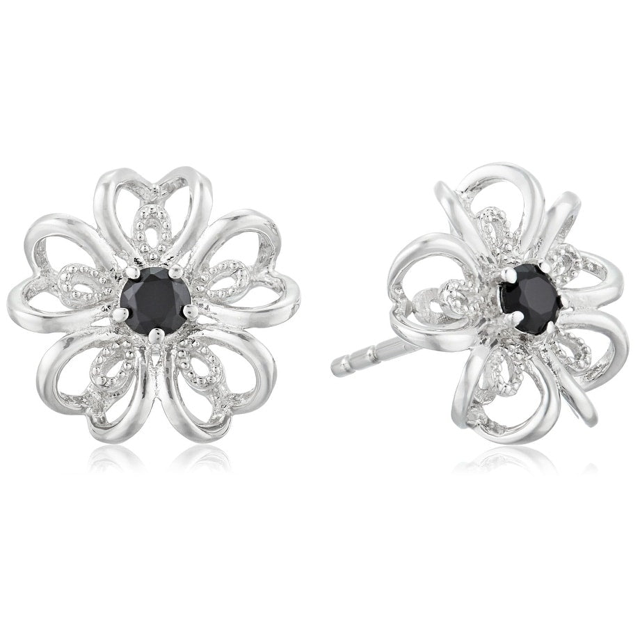 Pinctore Sterling Silver Choice Of Gemstone Flower Stud Earrings Black