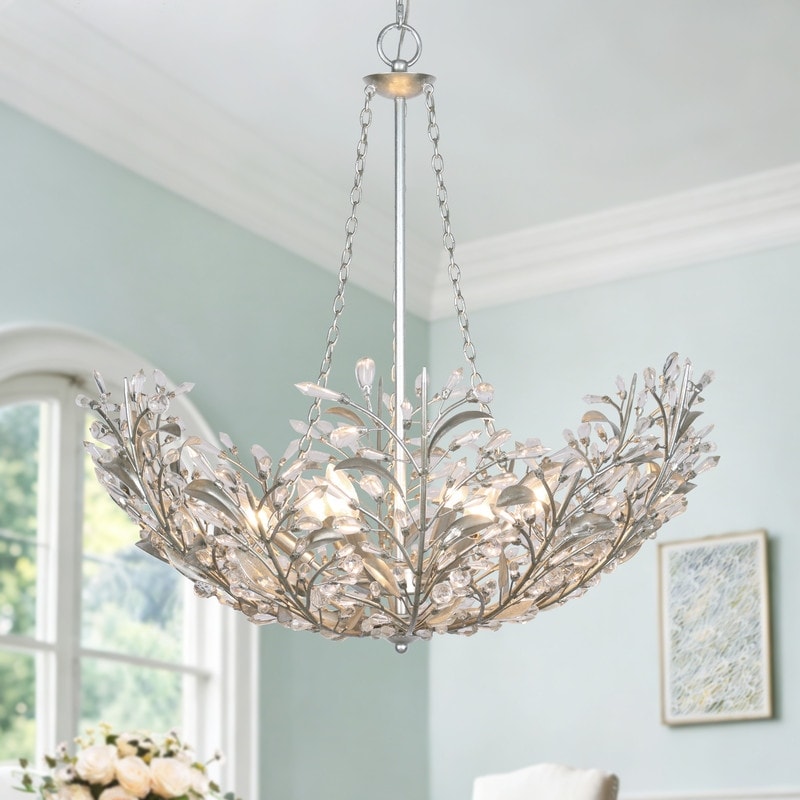 Stillbloom 6 Light Antique Silver Foil Metal Crystal Floral Chandelier Antique Silver Dia. 28.1 X H 29.5