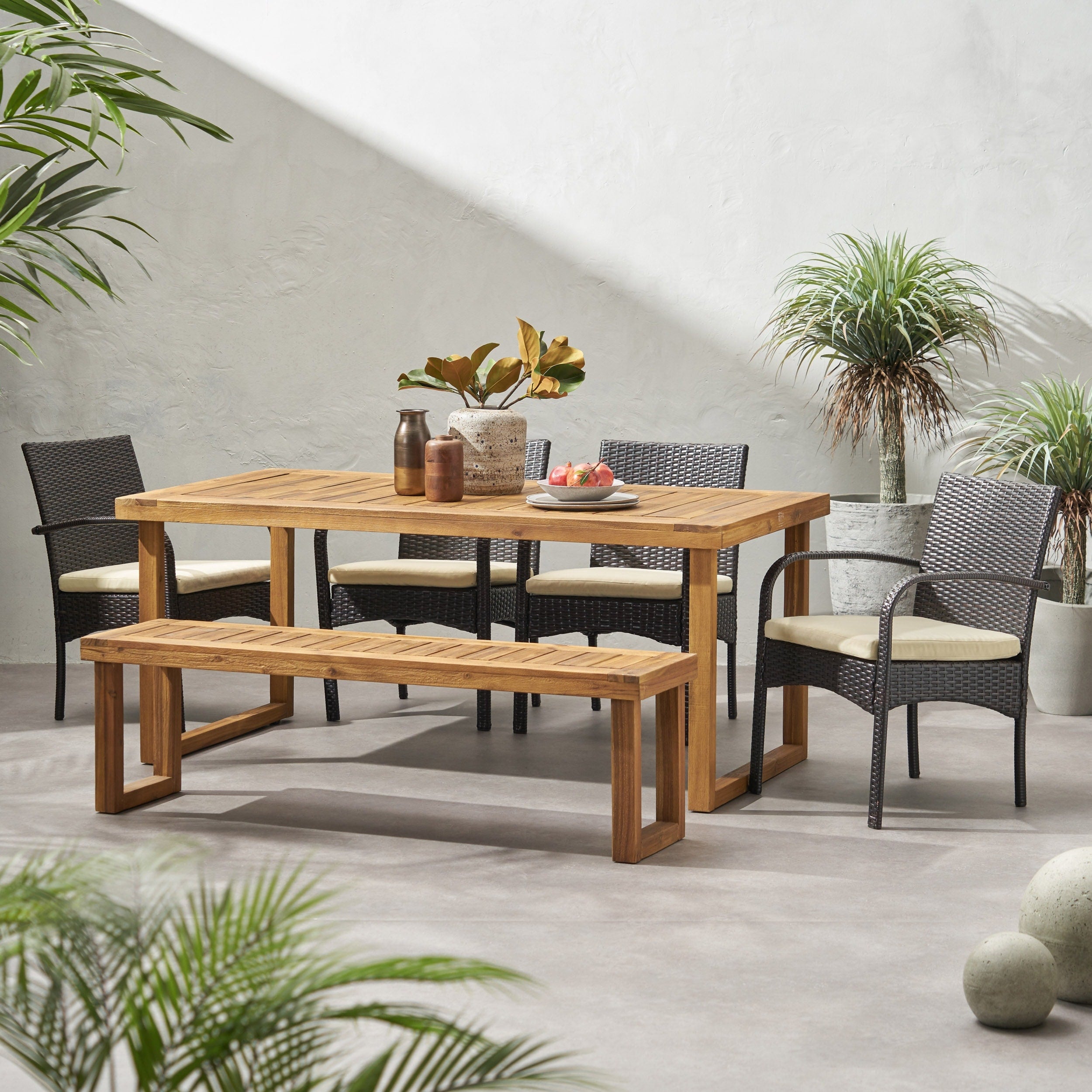 Stillwater Outdoor Aluminum Dining Set With Wicker Chairs And Bench
