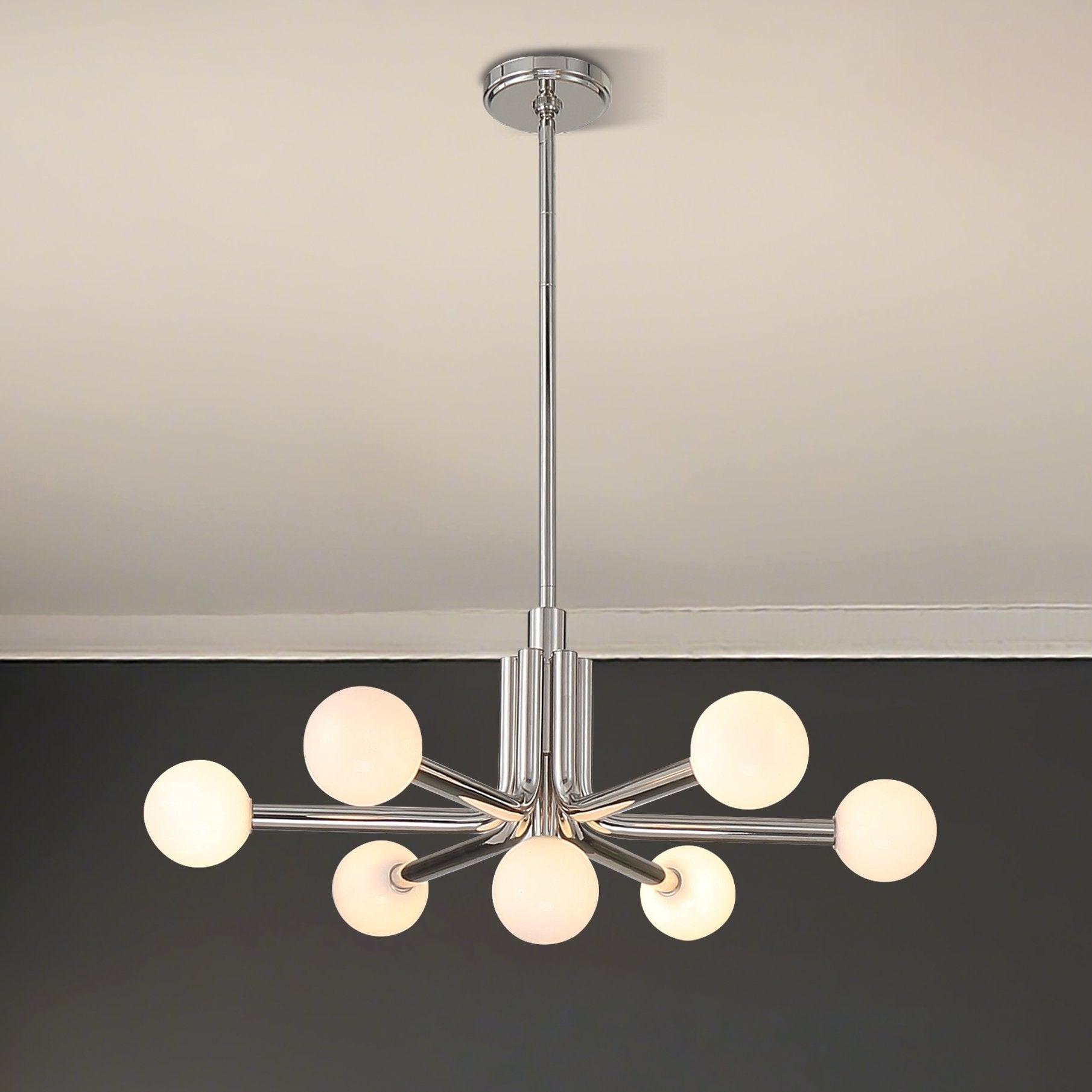 Stockholm 29 Inch 7 Light Polished Nickel Chandelier With Opal Glass Shades L 29 X W 29 X H 13.5 X M H 69.75