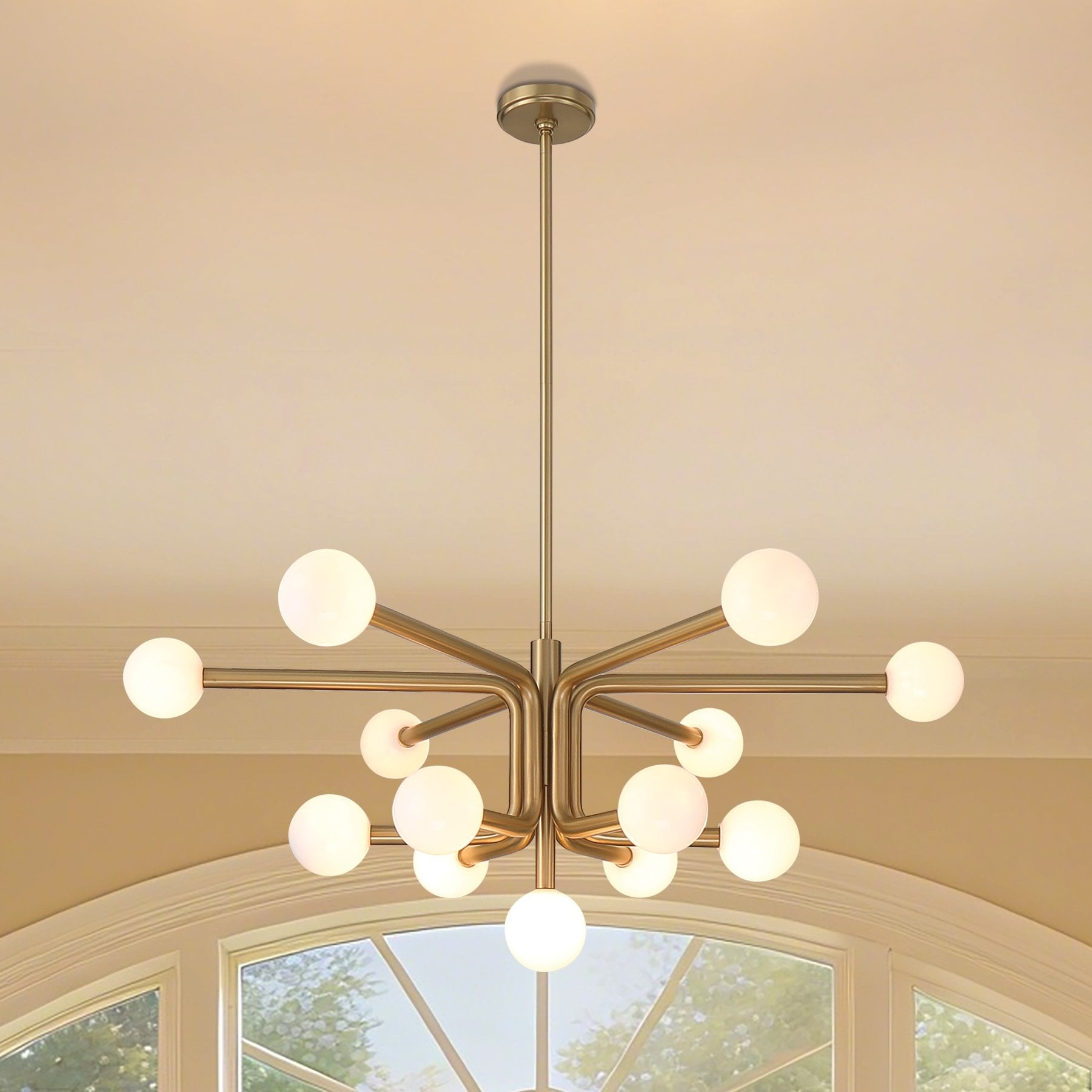 Stockholm 40 Inch 13 Light Champagne Gold Chandelier With Opal Glass Shades L 40.5 X W 40.5 X H 16.75 X M H 73.25