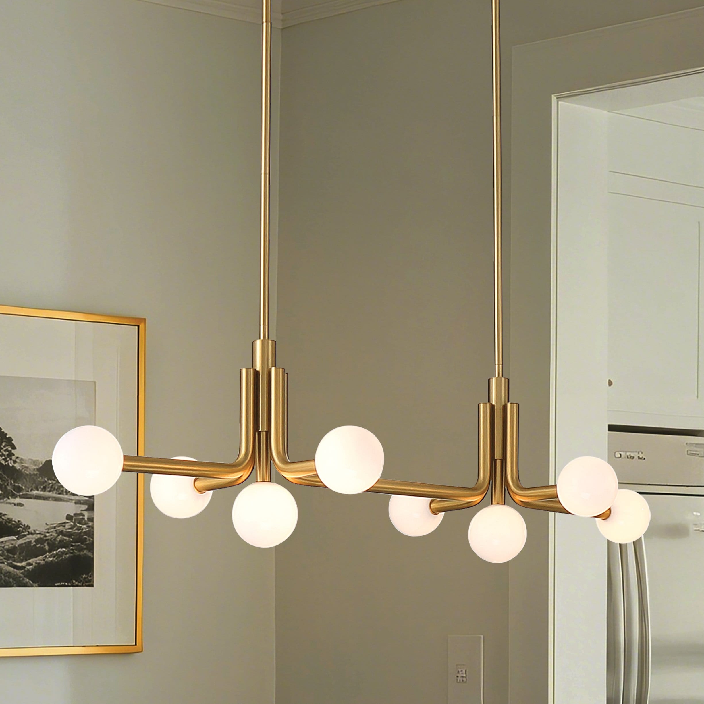 Stockholm 50 Inch 8 Light Champagne Gold Linear Chandelier With Opal Glass Shades L 50 X W 20 X H 13.5 X M H 69.25