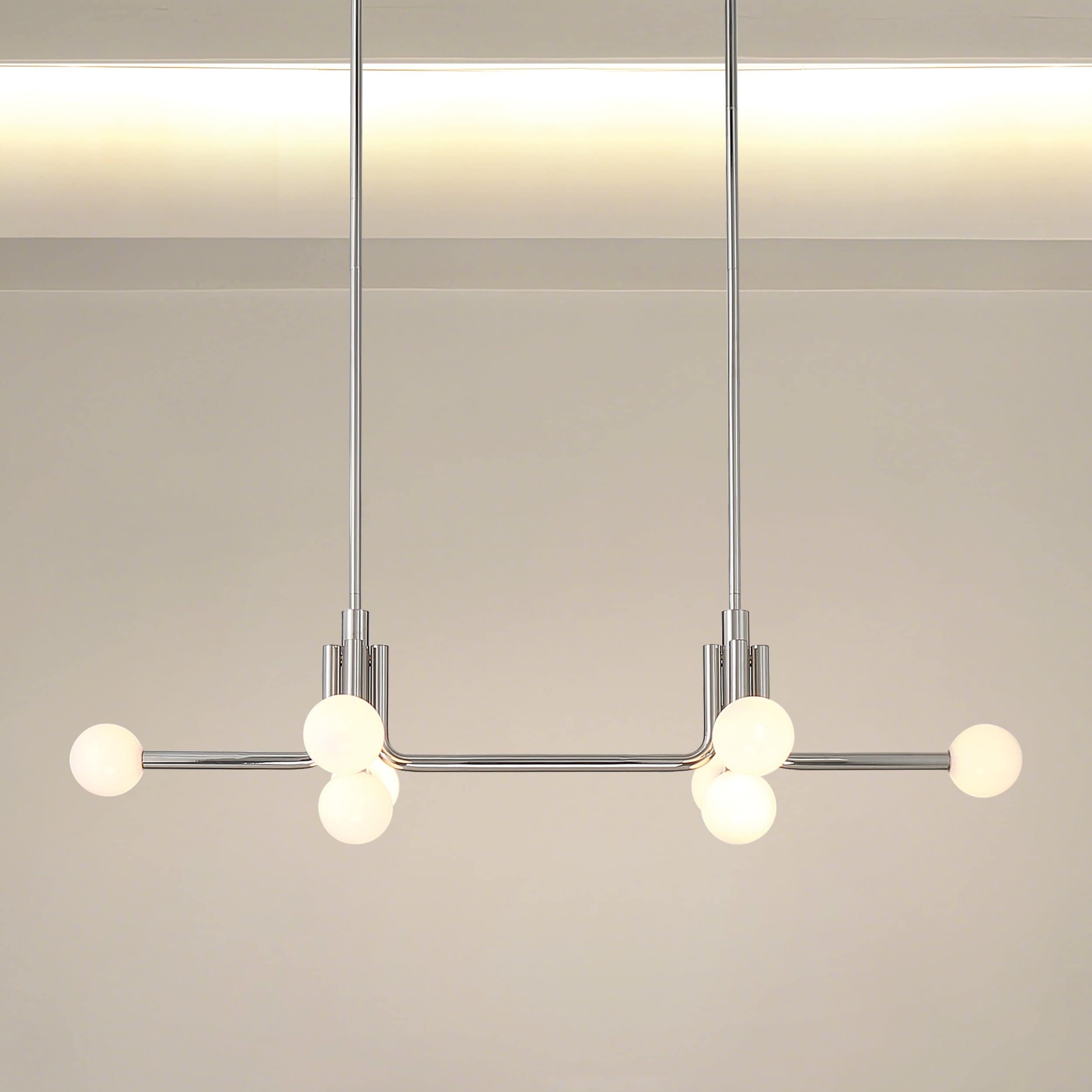 Stockholm 50 Inch 8 Light Polished Nickel Linear Chandelier With Opal Glass Shades L 50 X W 20 X H 13.5 X M H 69.25