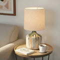 Stoneware Table Lamp With Linen Shade And Inline Switch Reactive Drip Glaze 12.0 L X 13.0 W X 23.63 H