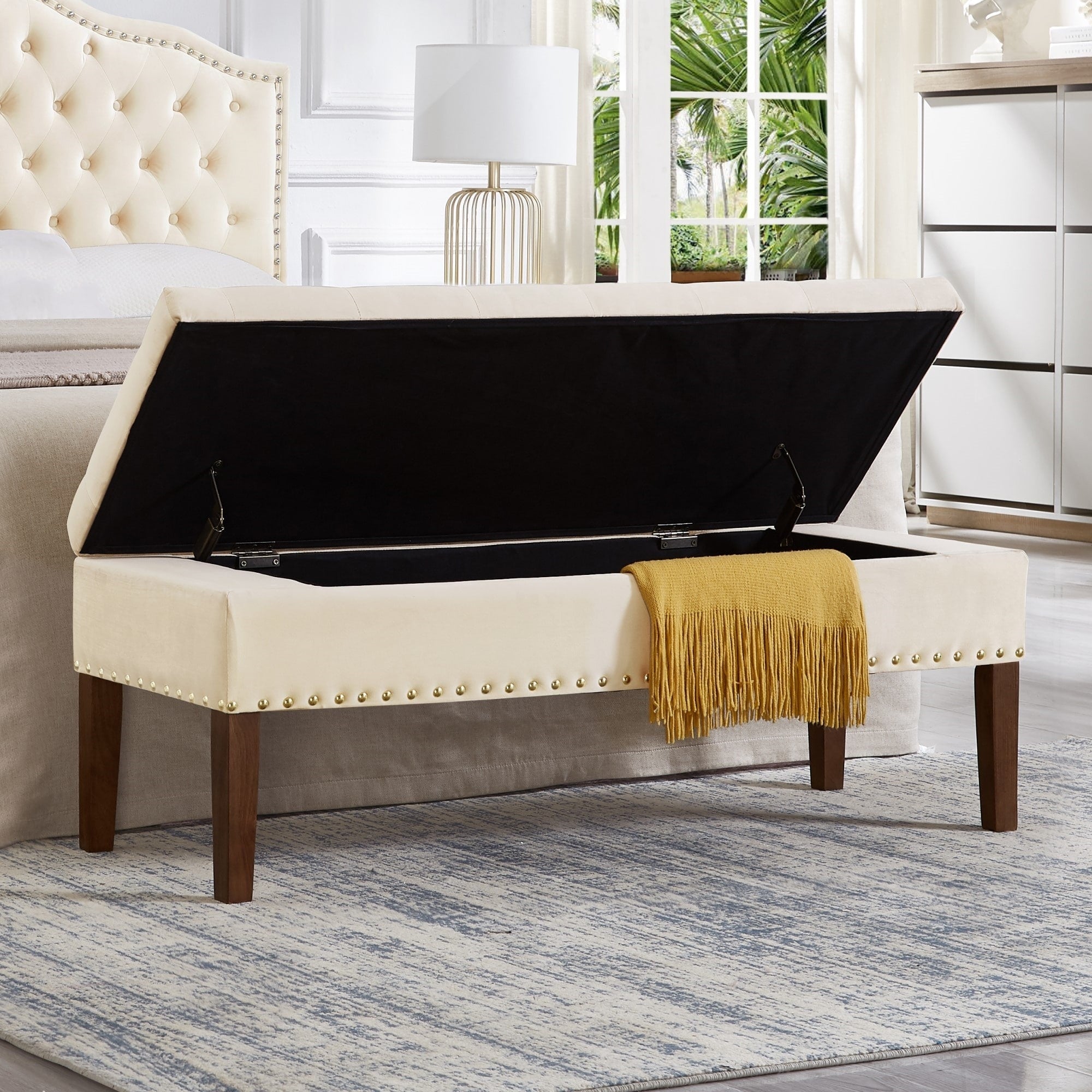 Storage Bench Leisure Bench Window Bench With Wood Legs Cream Dining Bench Lounge Bench With Nailhead Trim