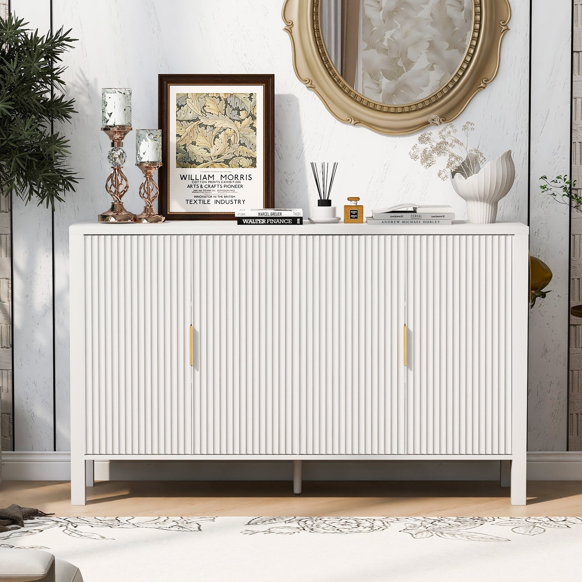 Storage Cabinet With Vertical Stripe Doors Adjustable Shelves Sideboard Cabinet With Door Racks Side Hooks