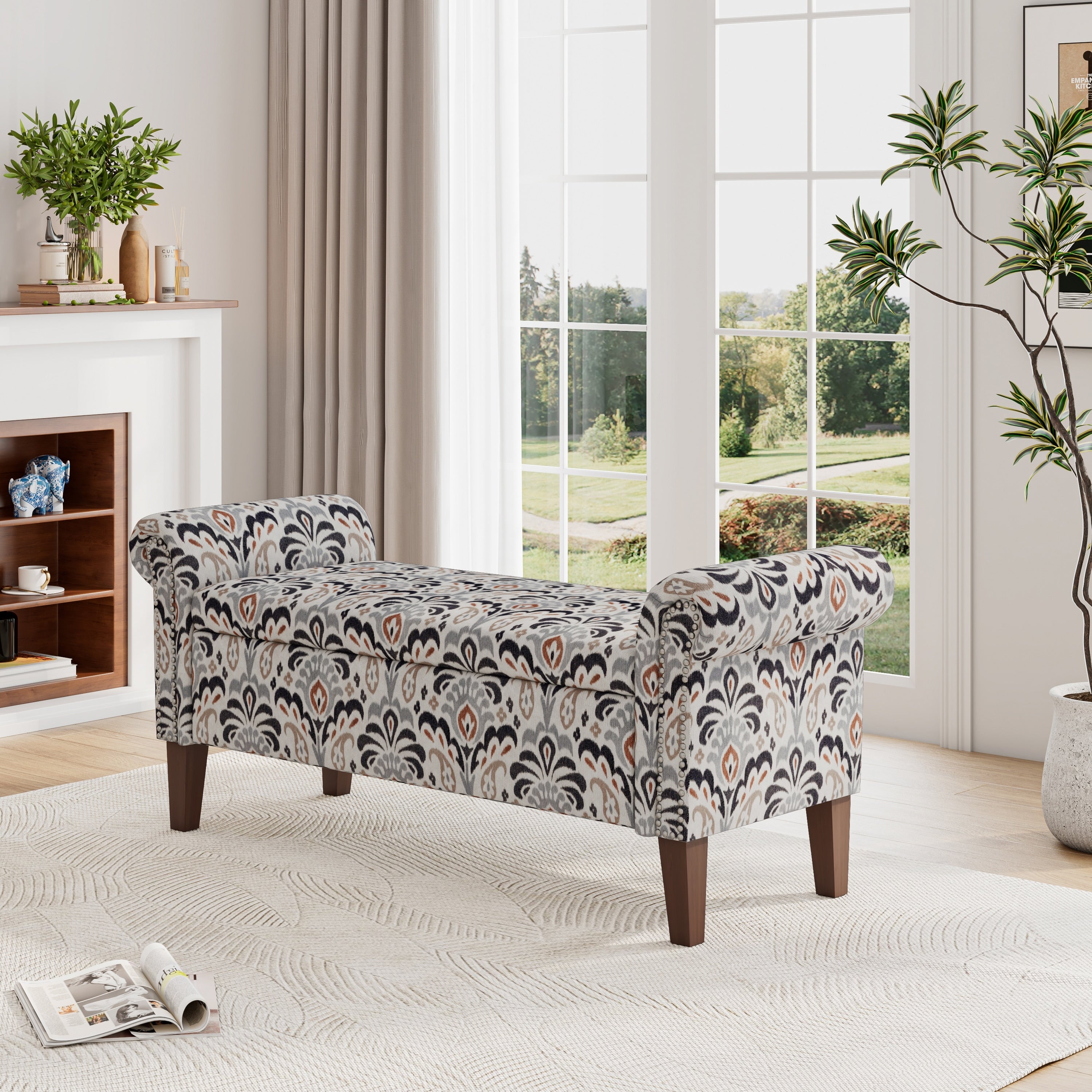 Storage Ottoman In Floral Fabric Solid Wood Legs Large Capacity Storage