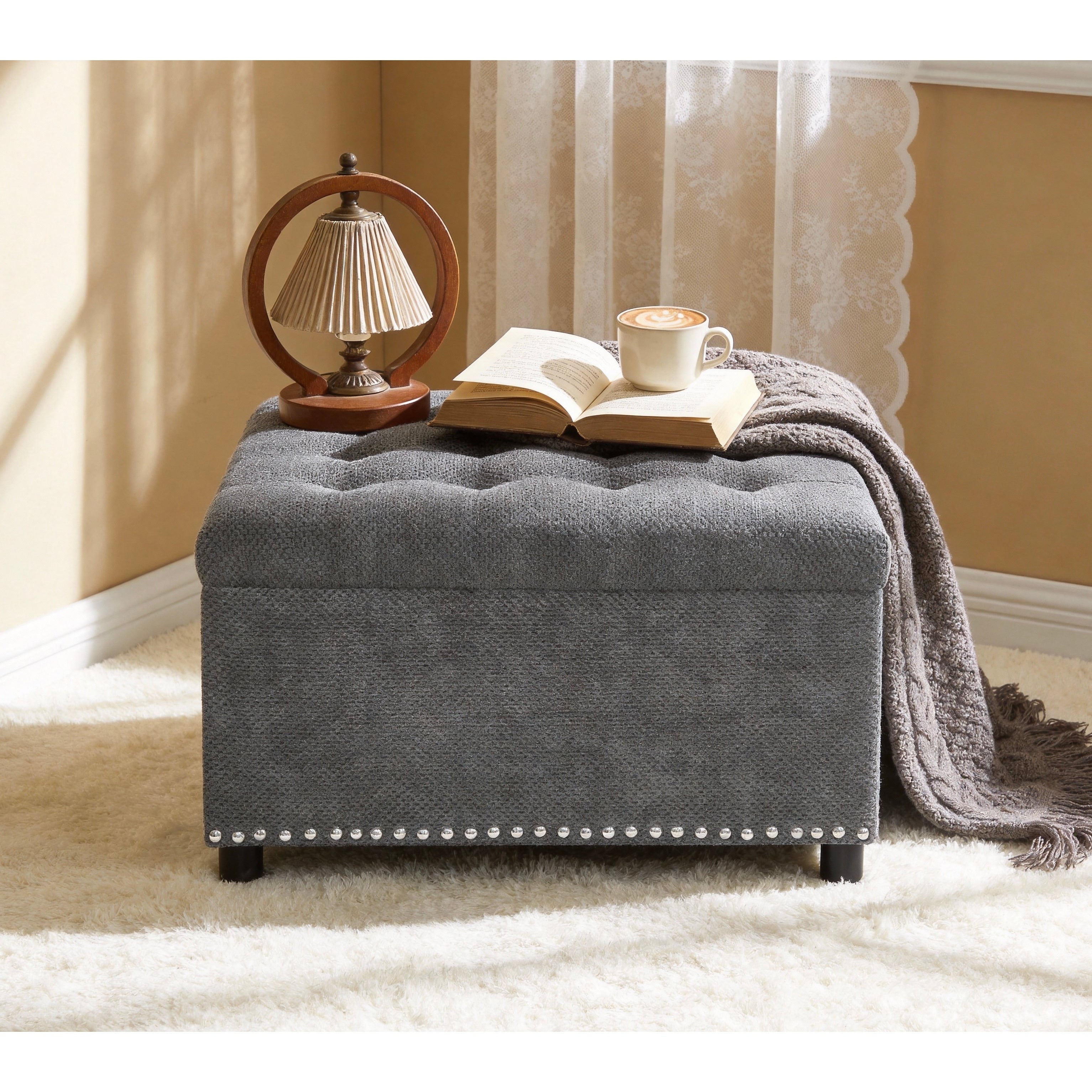 Storage Ottoman Tufted Footstool Nailhead Trim Ottoman Square Storage Ottoman Upholstered Coffee Table Bedroom Storage