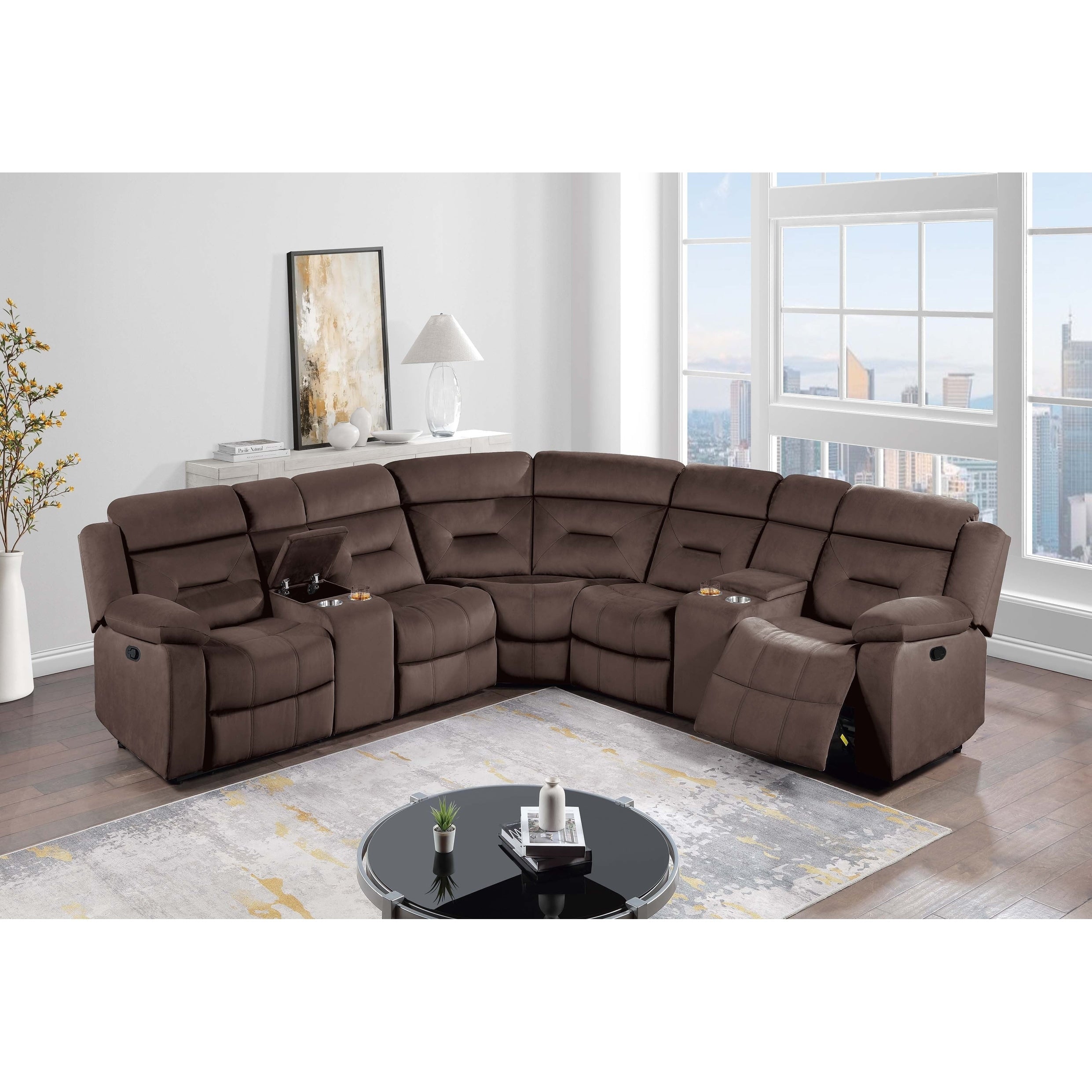 Storage Space 3Pc Manual Sectional Set Pillow Arms Chocolarte Finish