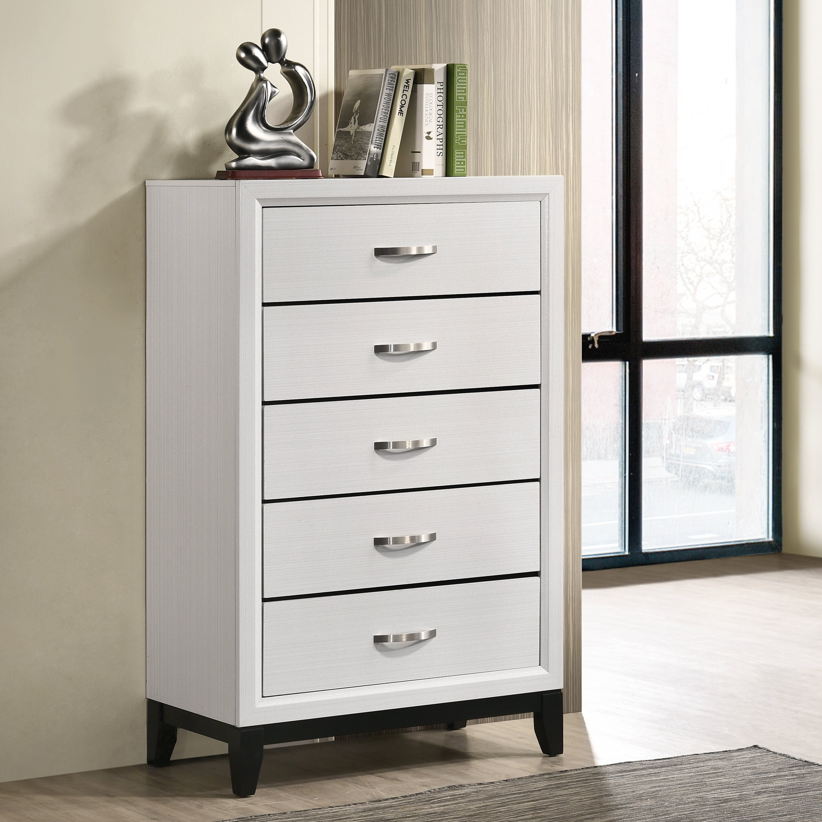 Stout Contemporary 5 Drawer Metal Bar Pulls Wood Chest White