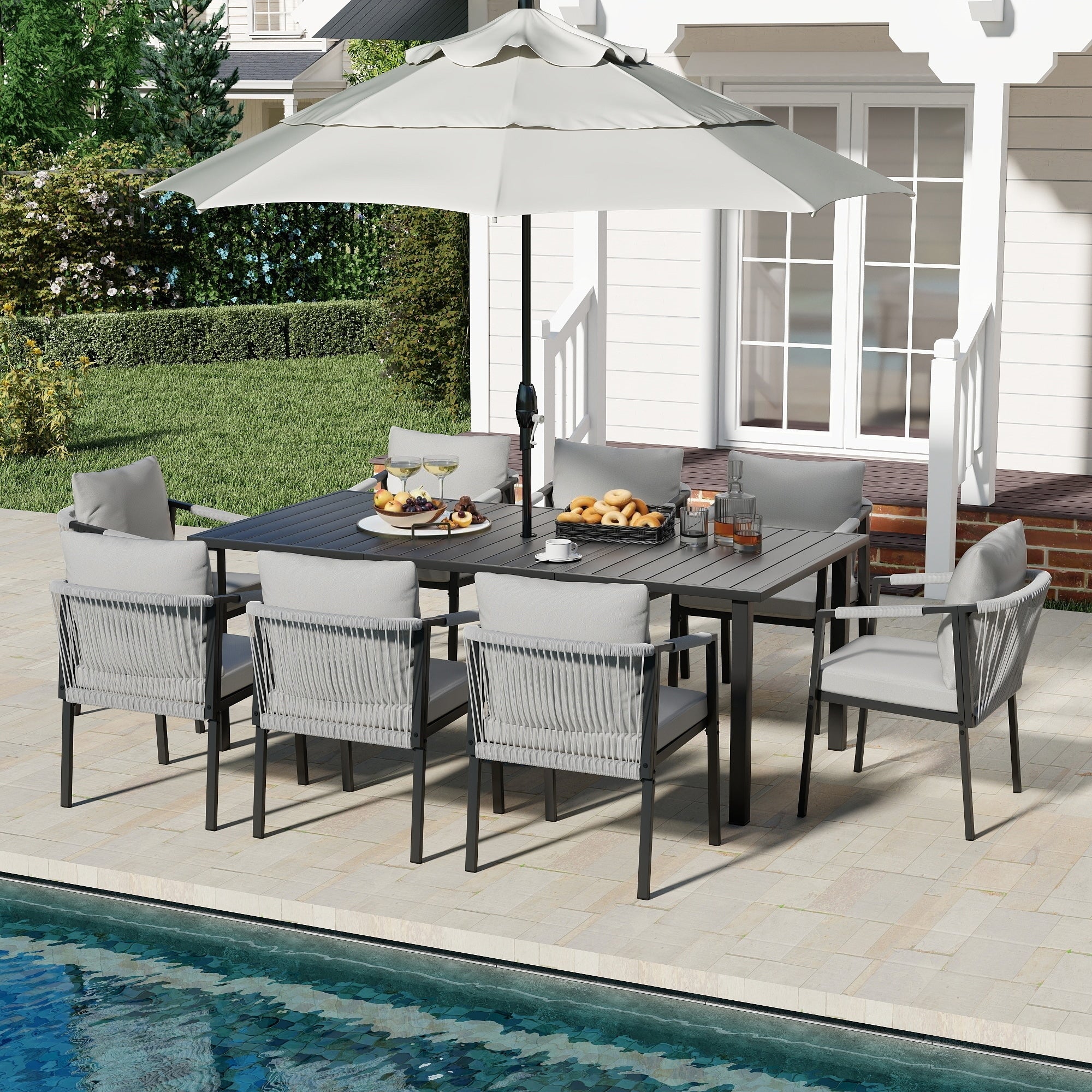 Strangarde 9 Piece Hand Woven Rope Patio Dining Set With Gray Cushions And Umbrella Hole