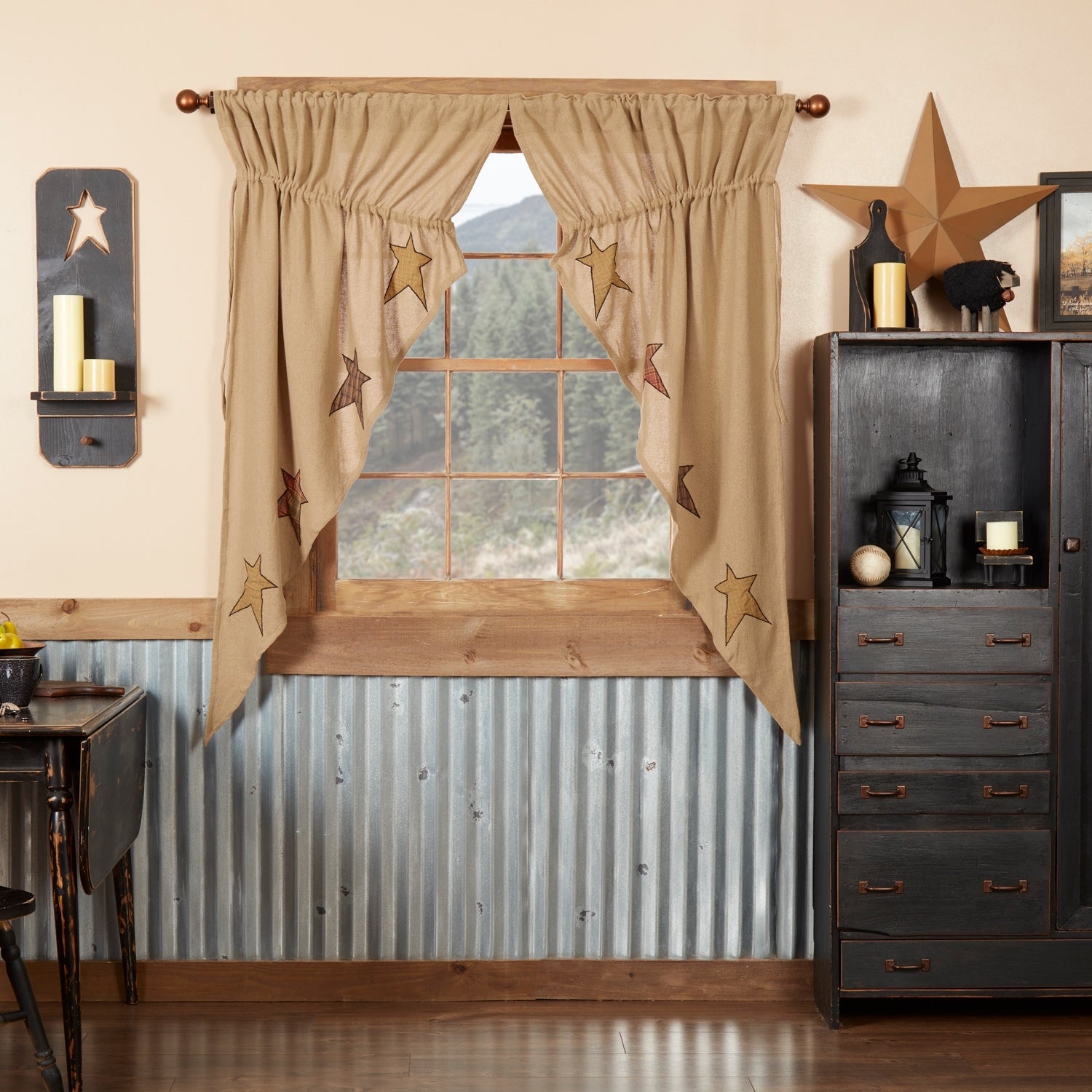 Stratton Burlap Applique Star Prairie Curtain Set 63 X 36