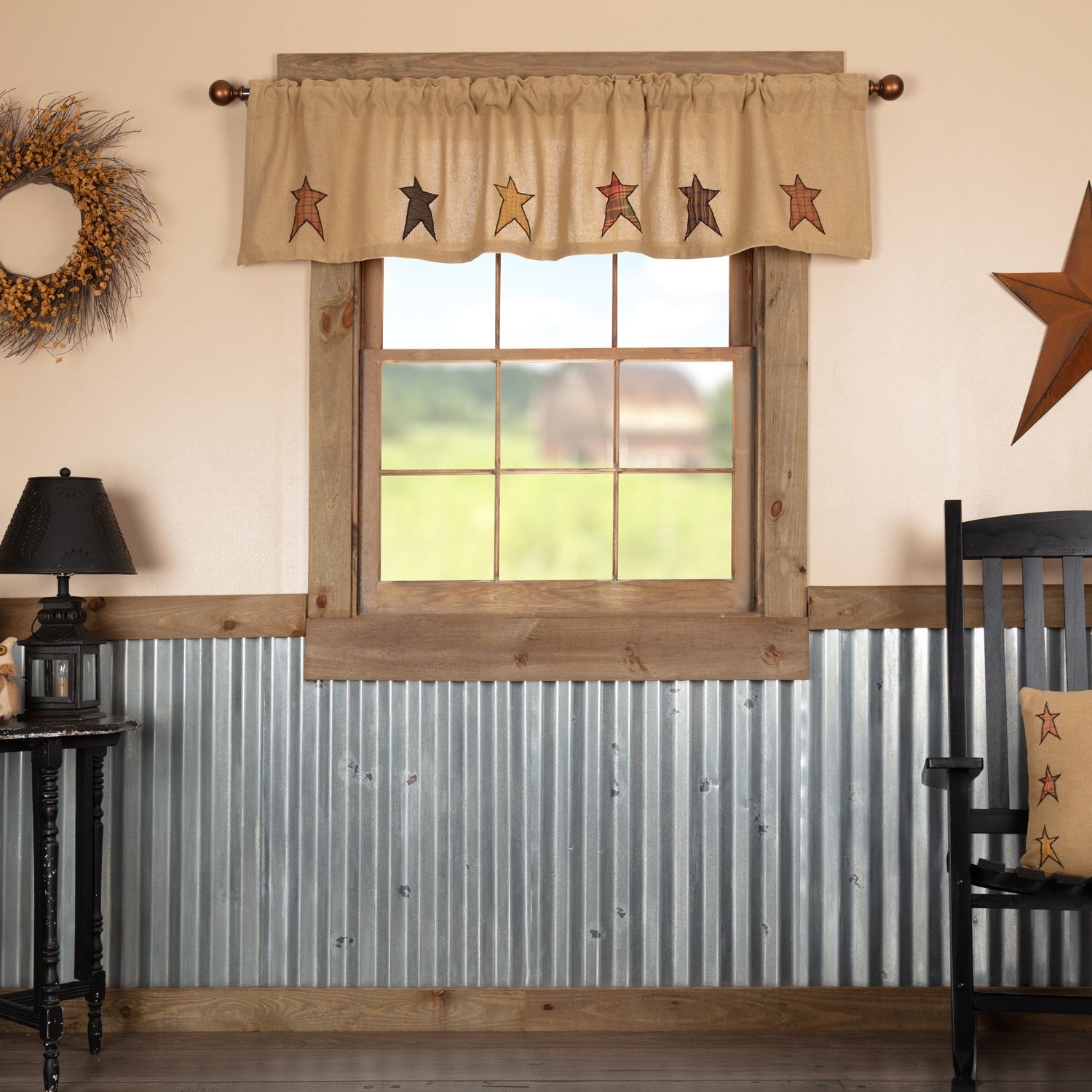 Tan Primitive Kitchen Curtains Sutton Stars Valance Rod Pocket Cotton Star Appliqued Cotton Burlap M