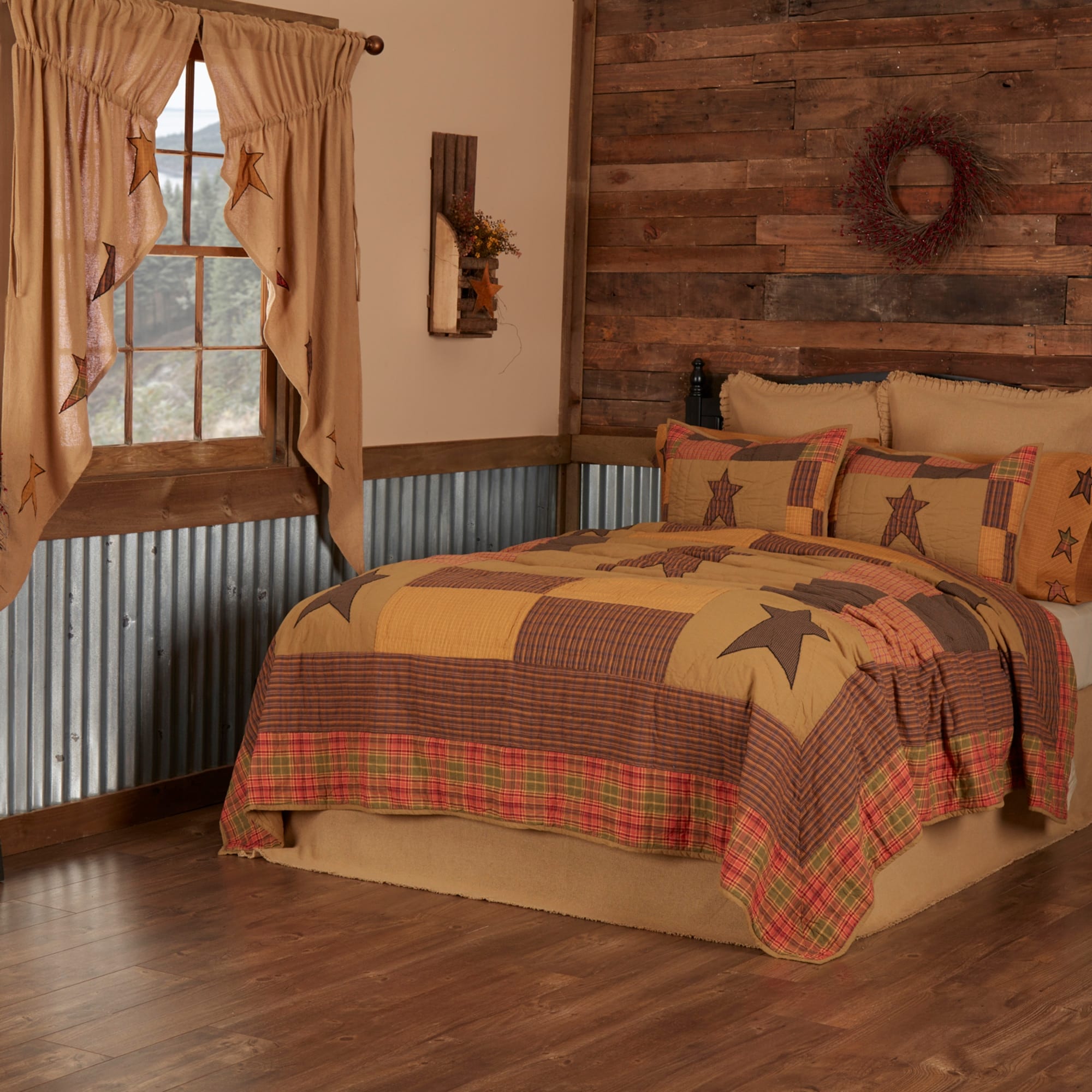 Tan Primitive Bedding Sutton Quilt Cotton Star Appliqued