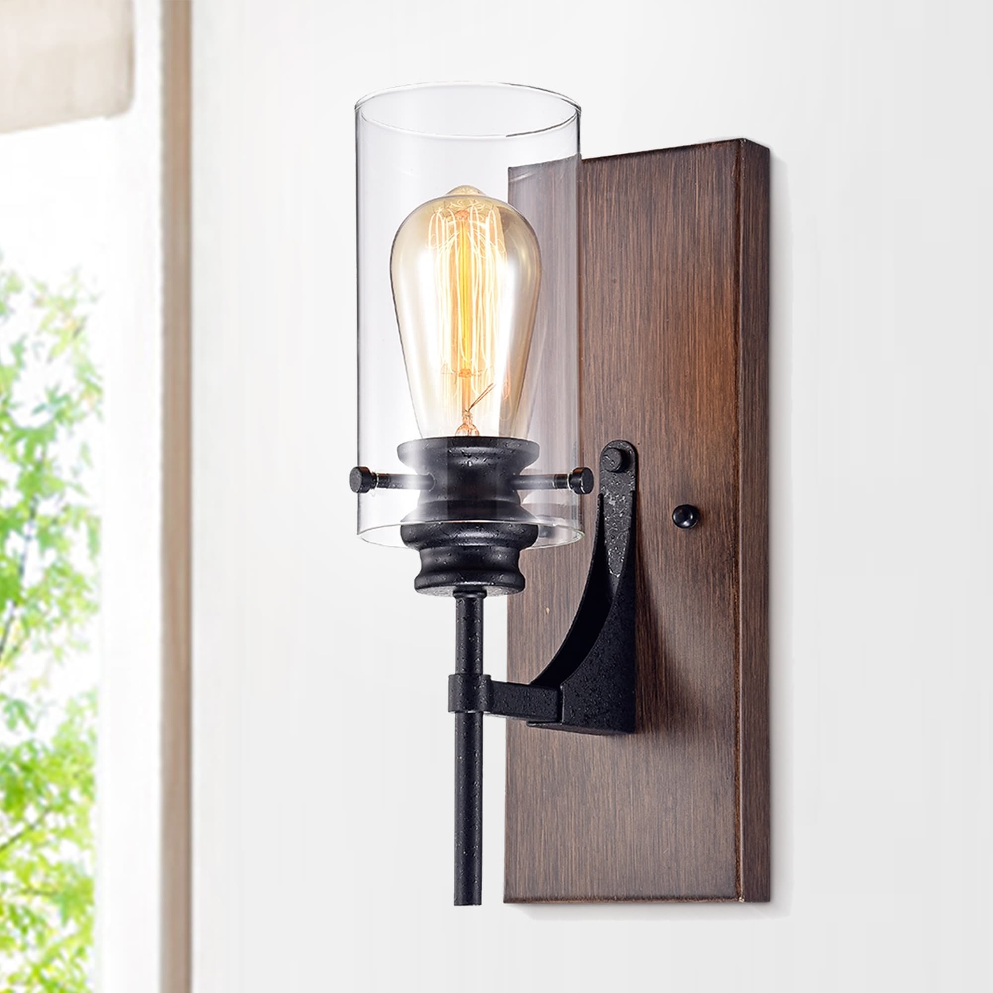 Stravo 1 Light Black And Faux Wood Finish Metal Wall Sconce With Glass Cylinder Shade Includes Edison Bulb