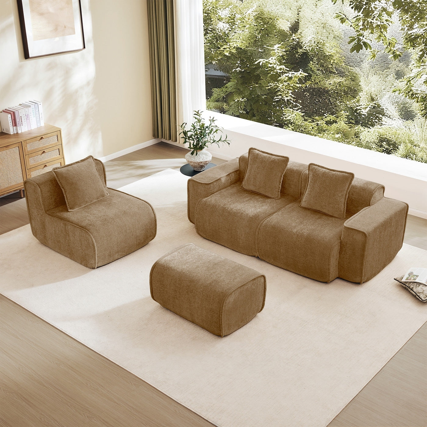 Streamlined Design Modular 3 Seat L Shape Boneless Velvet Fabric Sofa With 1 Movable Ottoman 8 X 10