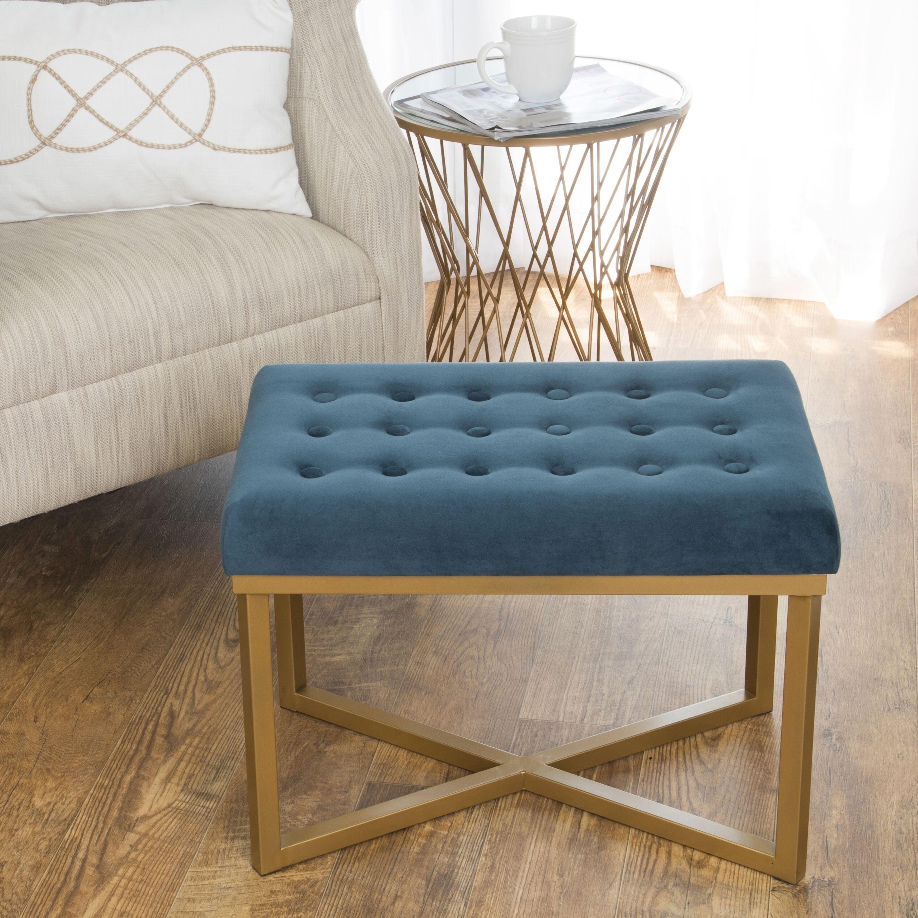 Strick Bolton Joan Rectangular Ottoman With Midnight Velvet Tufted Cushion And Gold Metal X Base