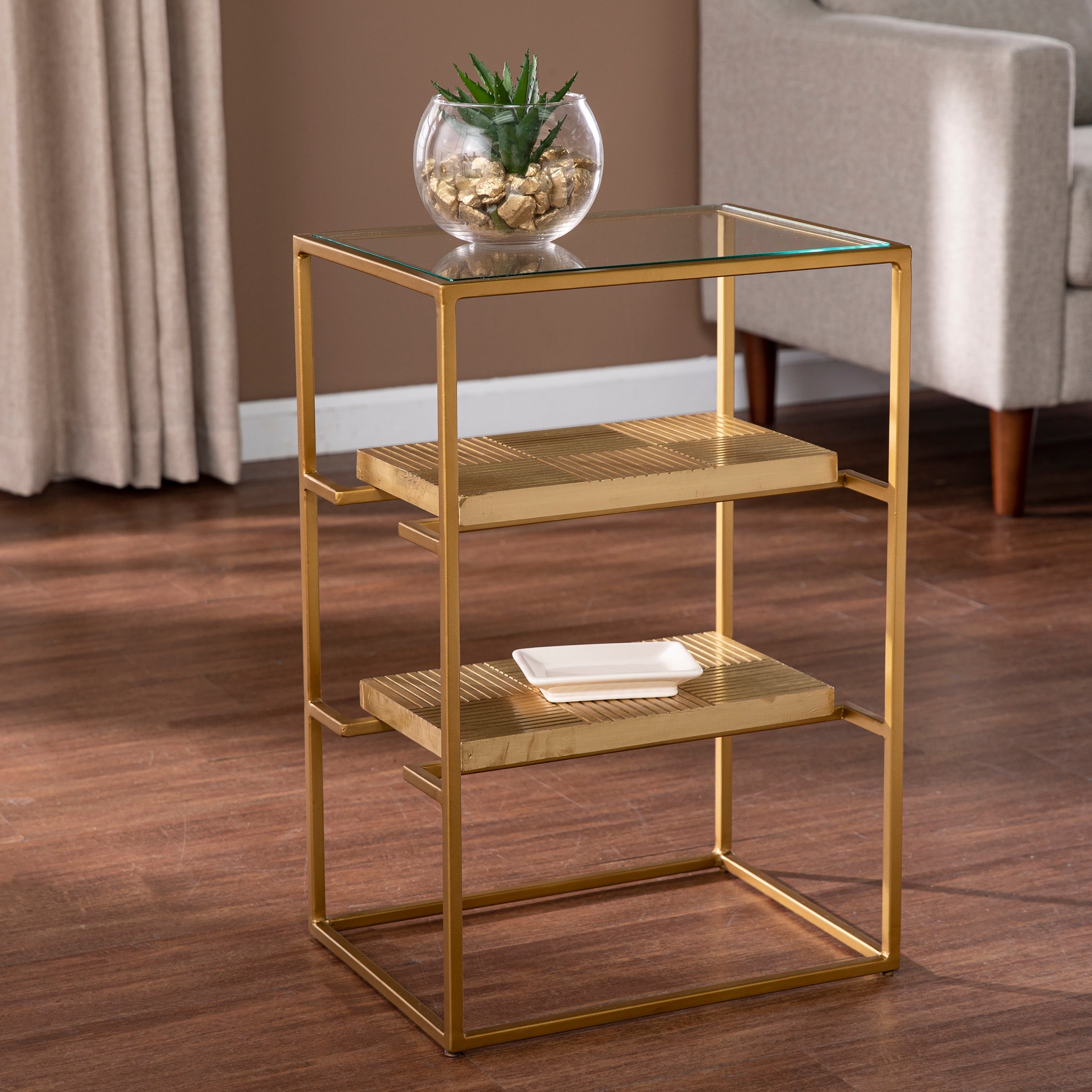 Strick Bolton Pantello Glass Top End Table W Storage Brass