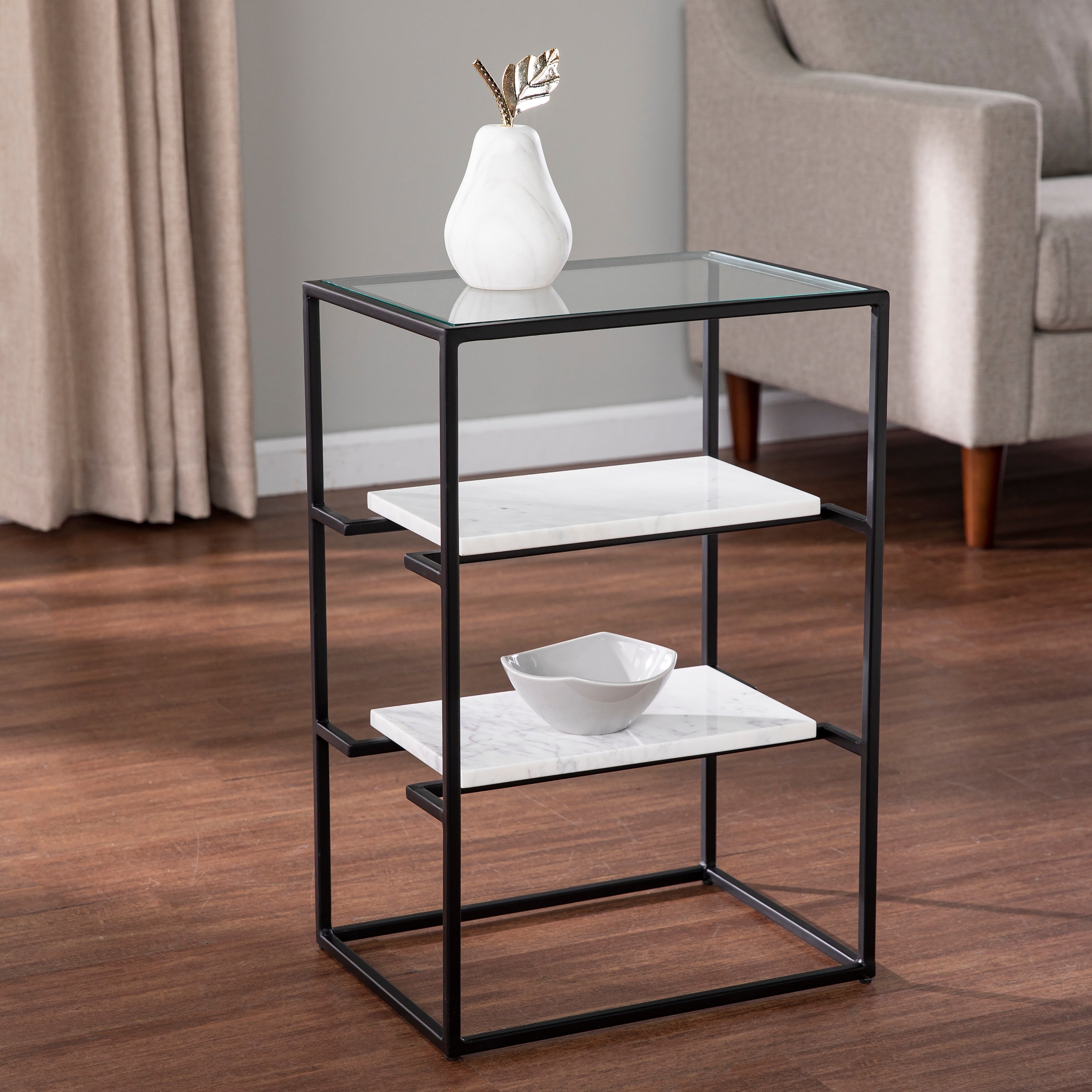 Strick Bolton Piesby Glass Top End Table W Storage Black White