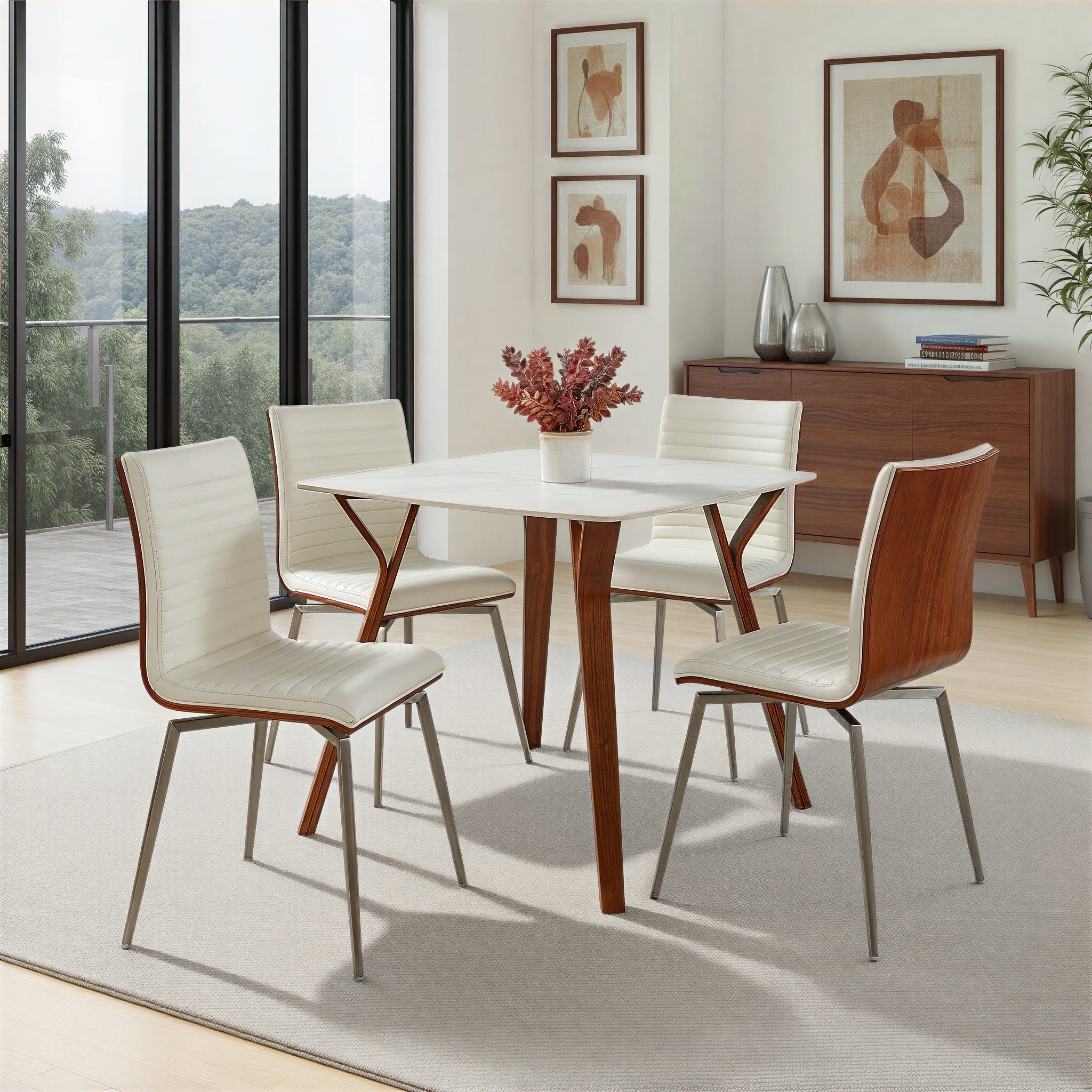 Mason White Swivel Chair Stainless Steel And Walnut Wood Set Of 2